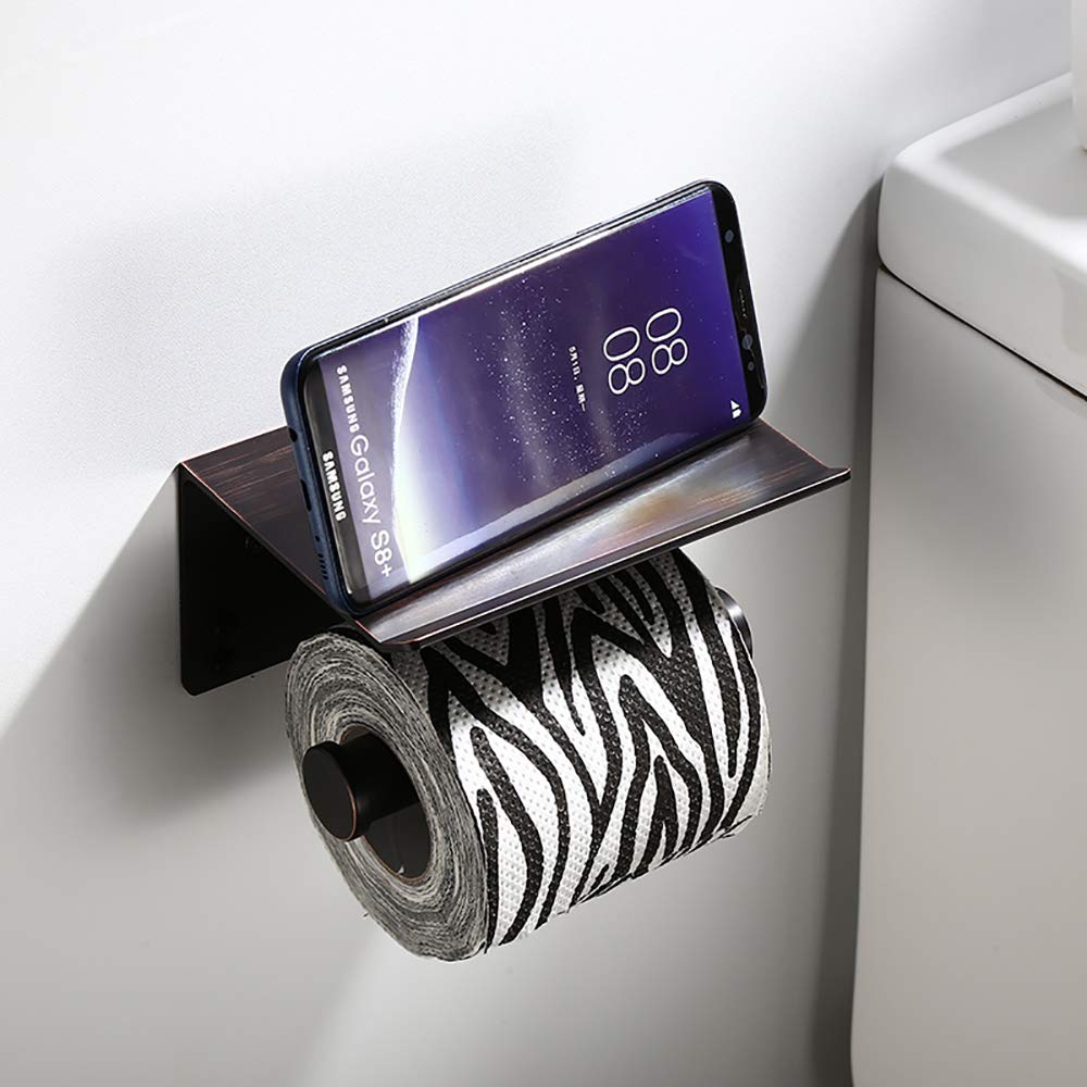 Wall Mounted Toilet Paper Holder with Shelf - Aluminum Bathroom Tissue Roll Dispenser & Phone Storage Organizer for Bathroom, Kitchen, Hotel - Black Ancient Finish (Drilling Required) | Perfect for Small Spaces & Modern Home Decor