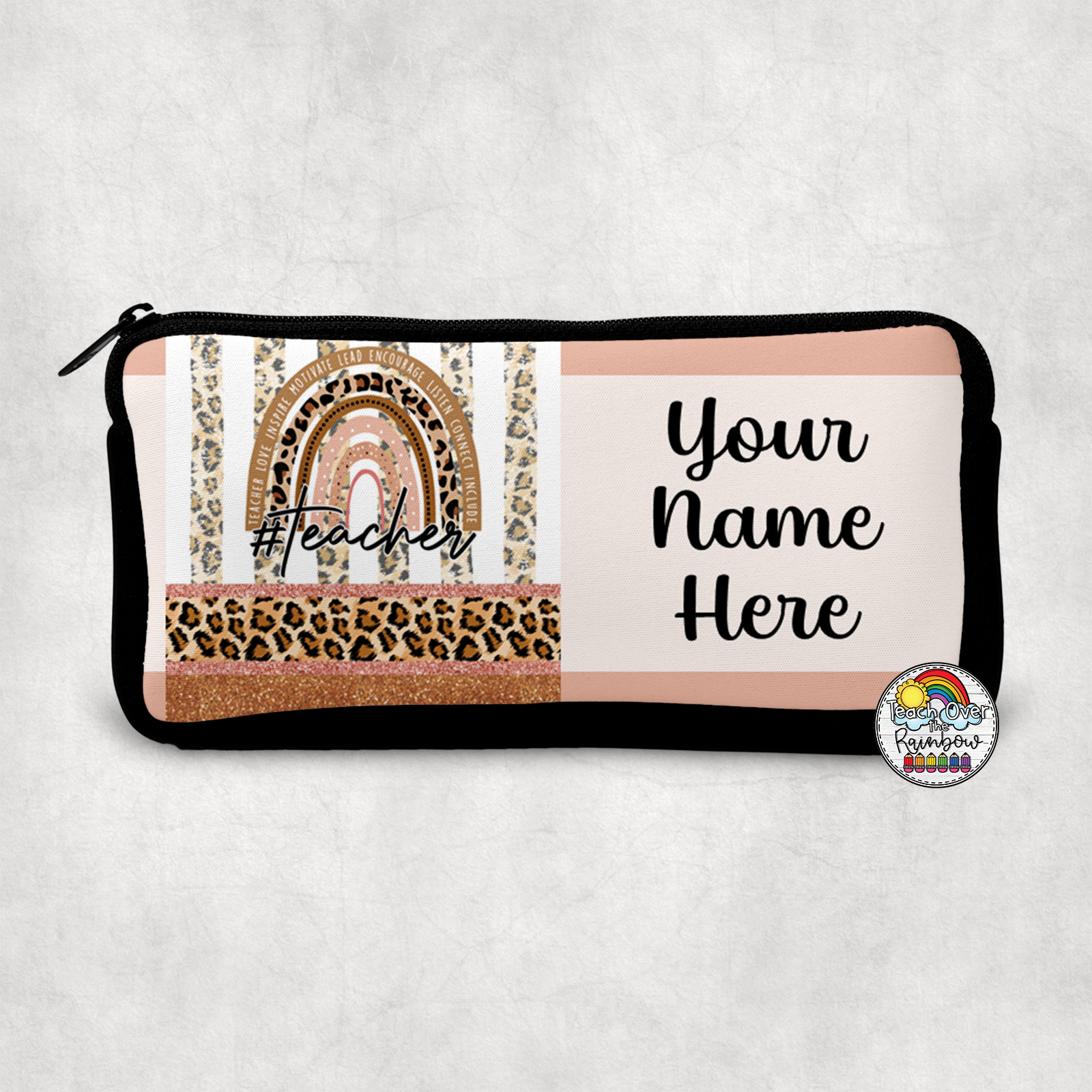 Boho Peach Leopard Print Small Pencil Case for School, Office & Travel - Cute Makeup Bag & Stationery Organizer for Women & Girls