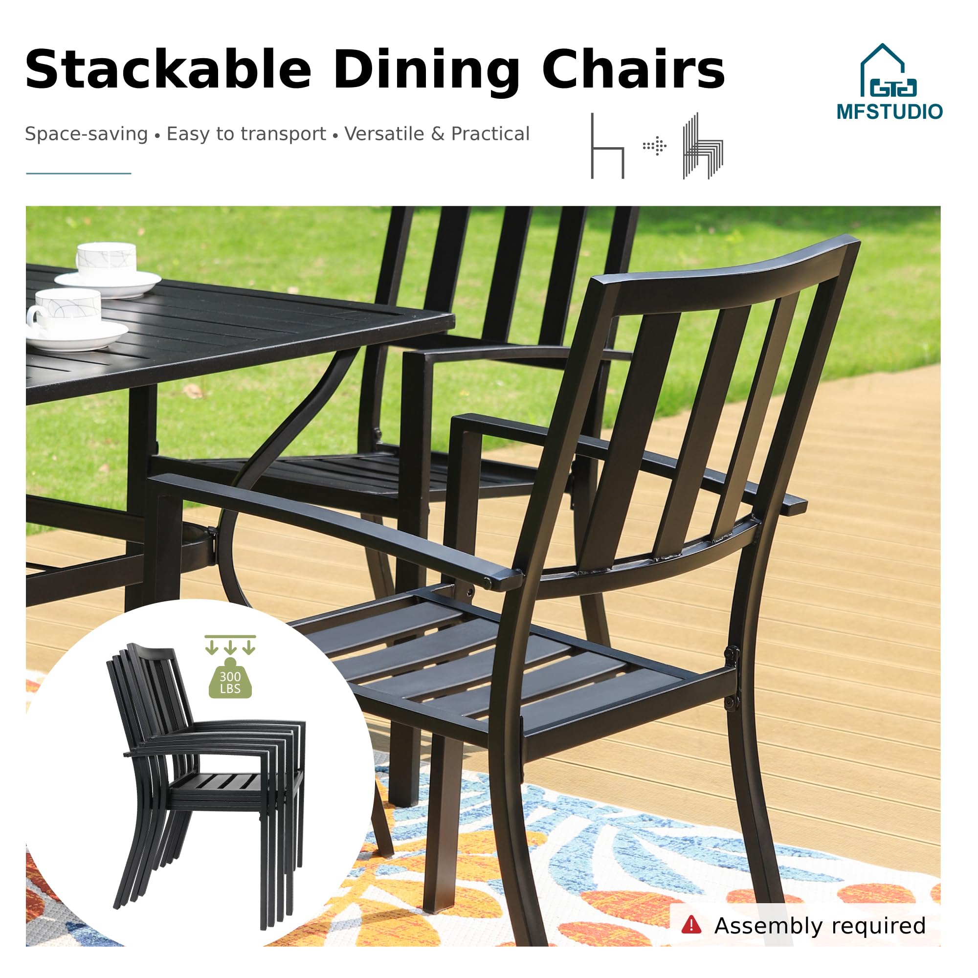 MFSTUDIO 7-Piece Outdoor Dining Set - Black Metal Patio Furniture with 6 Stackable Steel Chairs & 1 Expandable Rectangular Table - Perfect for Backyard, Garden, Porch, and Lawn Entertaining