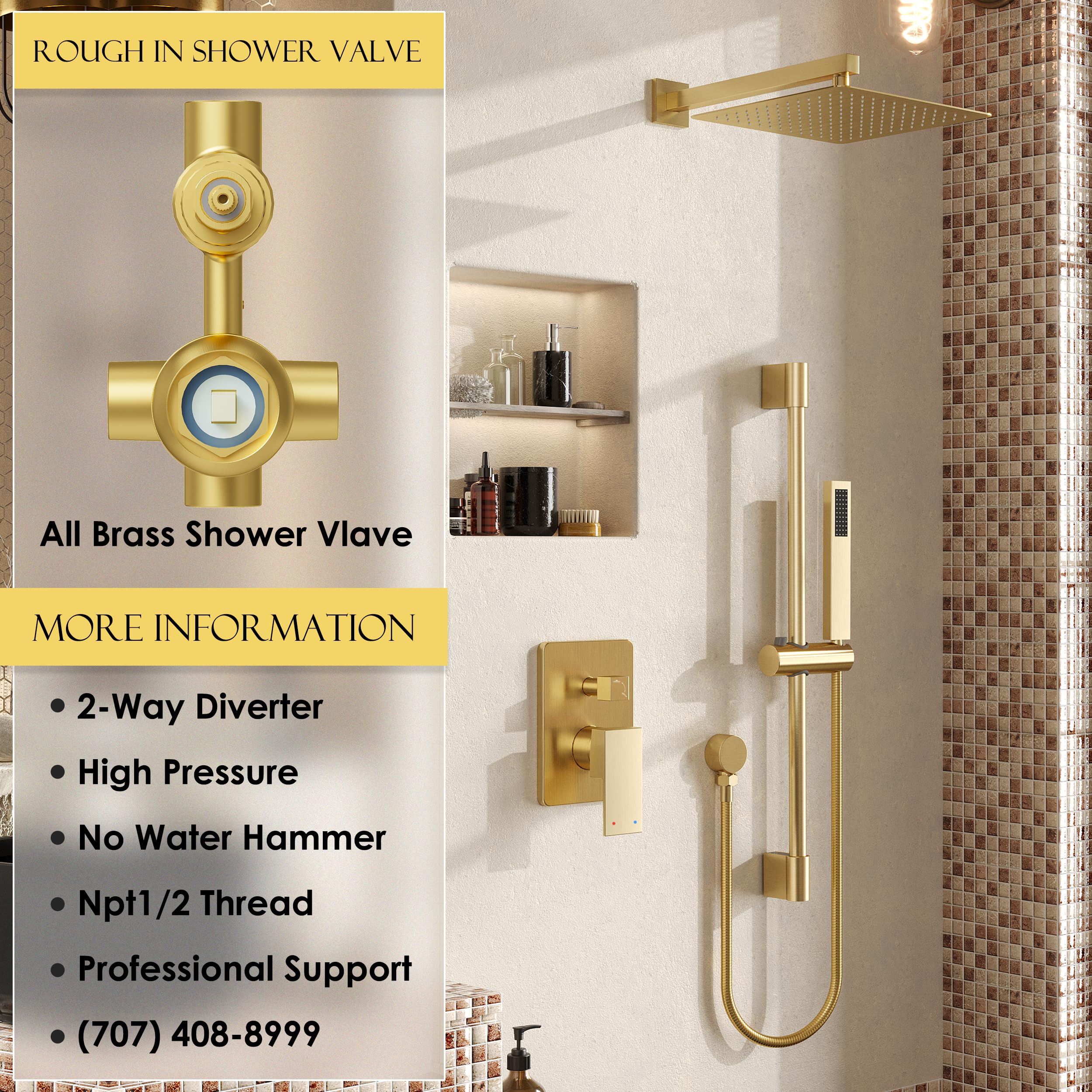 ESNBIA Brushed Gold Shower System - 10 Inch Rain Shower Head & Handheld Spray Combo, Wall Mounted Slide Bar Faucet with Mixer Valve, High Pressure Bathroom Fixture for Luxury Spa-Like Experience