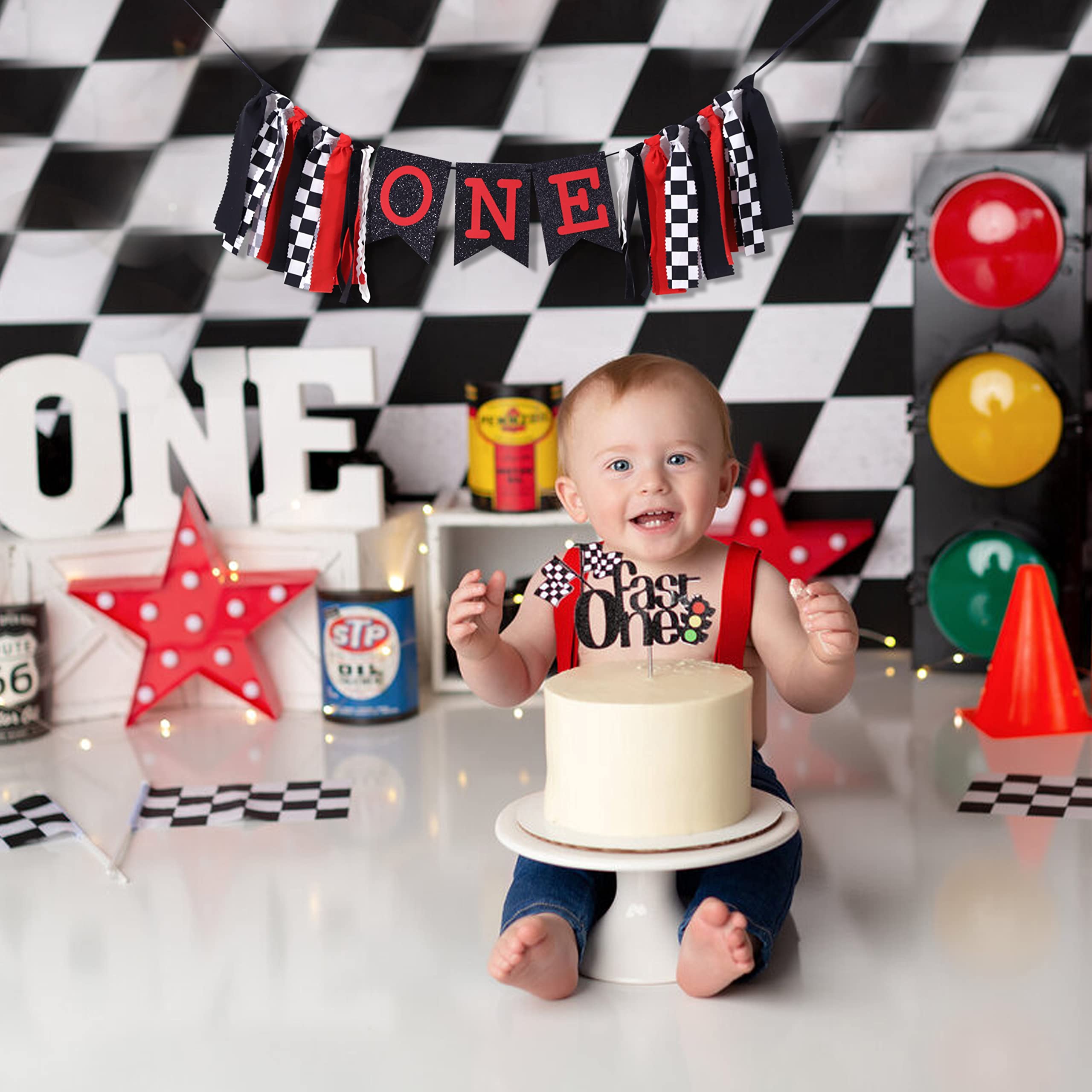 Checkered Flag Racing High Chair Banner - 1st Birthday Party Decorations for Boys, Race Car Theme Cake Smash Photo Props | Perfect for Baby's First Birthday, Motorsport Themed Celebrations & Photo Shoot Backdrops