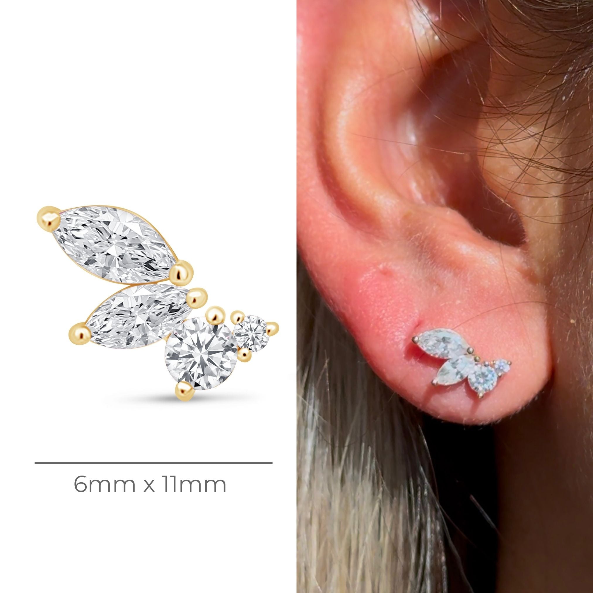 14k Yellow Gold Marquise Angel Wing Flat Back Stud Earrings - Hypoallergenic, Dainty & Elegant Jewelry for Women - Perfect for Everyday Wear, Gifts & Special Occasions