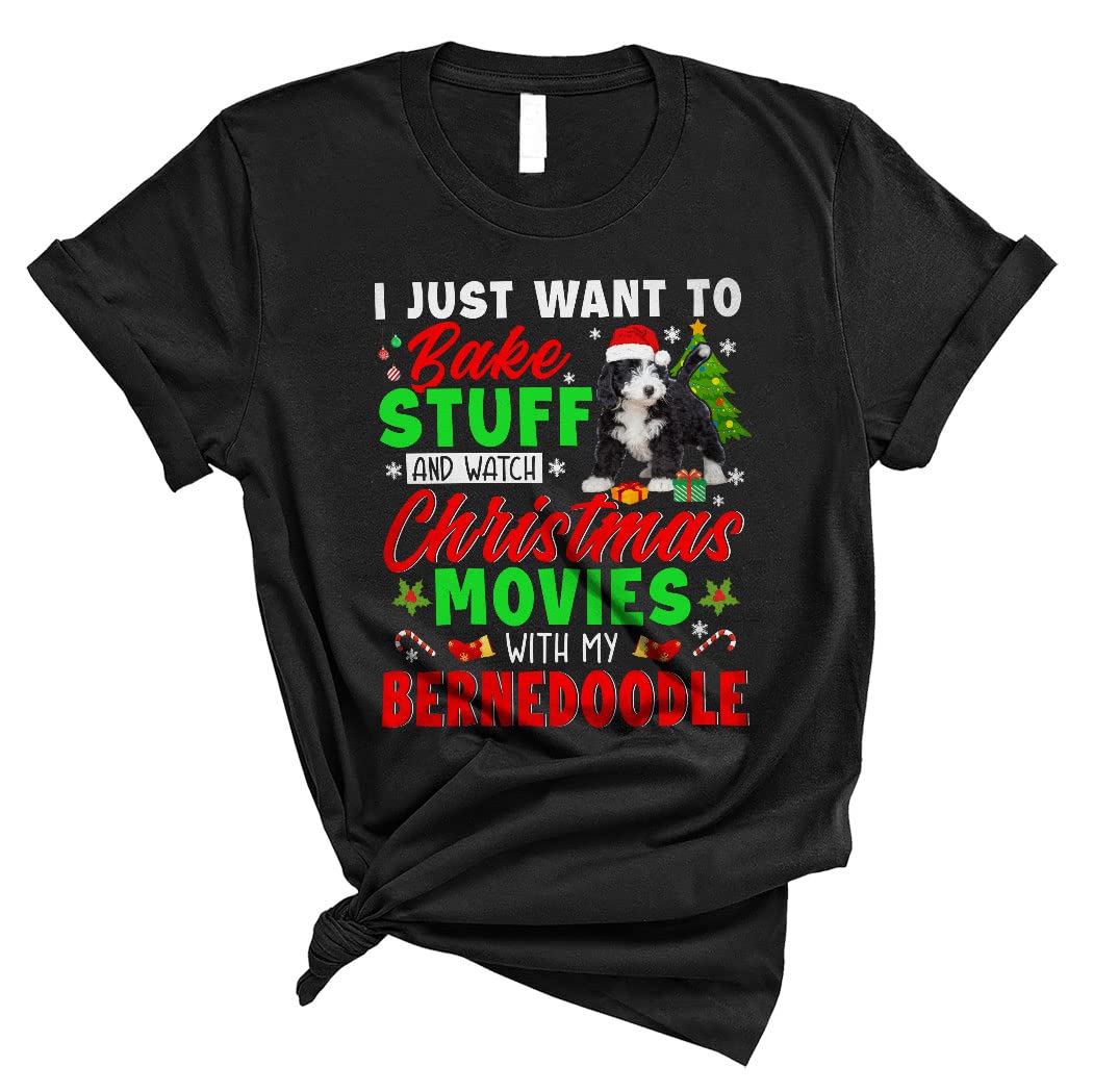 Funny Santa Dog Unisex T-Shirt - Cute Bernedoodle Baking & Christmas Movies Design | Perfect Gift for Dog Lovers & Holiday Enthusiasts | Wear for Christmas Parties, Family Gatherings & Casual Outfits