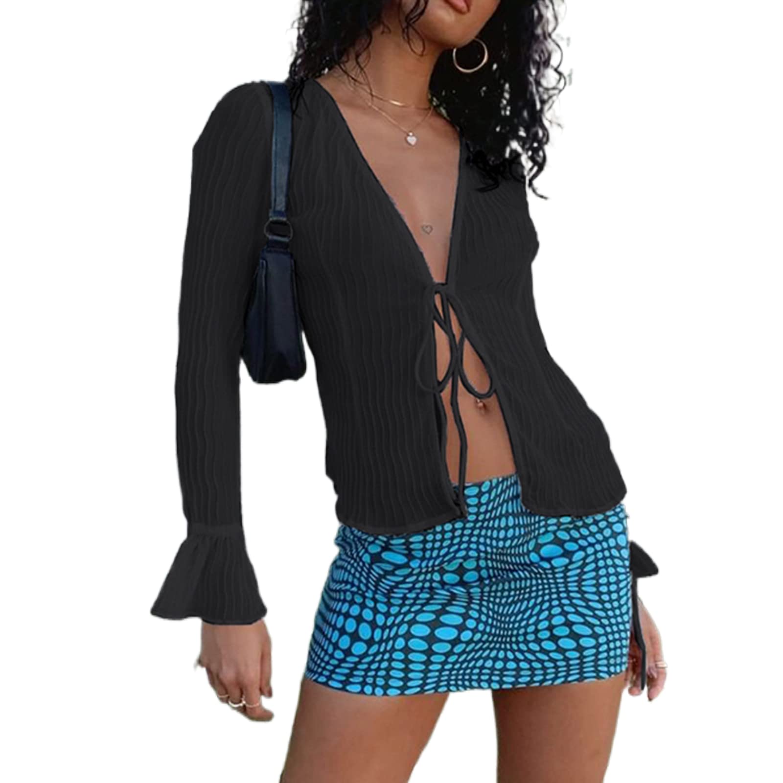 Y2K Women's See-Through Mesh Long Sleeve Shirt with Flare Cuffs & Tie-Up Detail - Vintage Button Down Ruffle Blouse Cardigan for Streetwear Fashion | Perfect for Layering, Night Out, and Retro Style Outfits