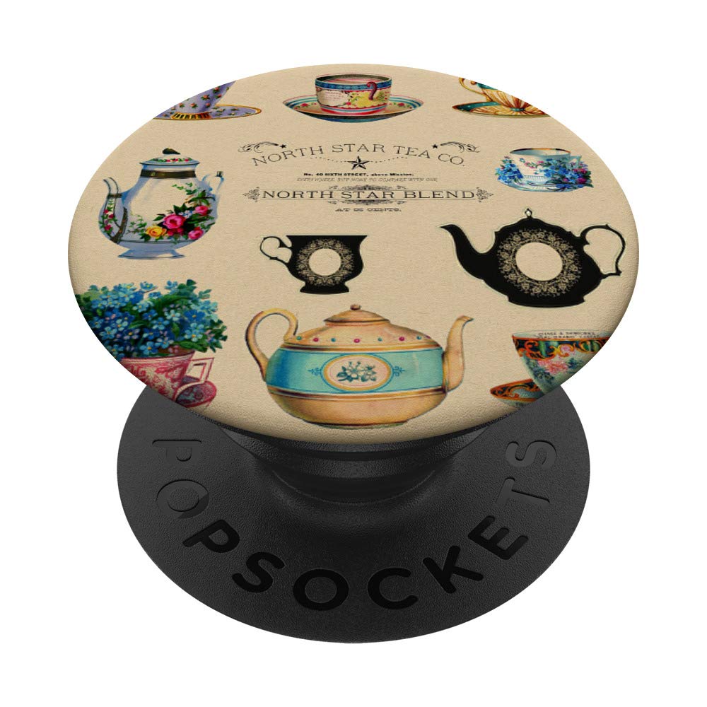 Vintage Tea Cups and Pots Set - Perfect Gift for Tea Lovers - Swappable PopGrip for Phones & Tablets - Ideal for Afternoon Tea, Home Decor, and Office Use