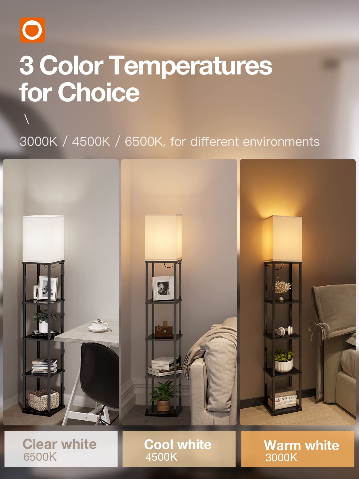Addlon 5-Tier Modern Shelf Floor Lamp with 3CCT LED Bulb - Adjustable Brightness Display Lamp for Living Room, Bedroom, Office - Black - Perfect for Reading, Decor & Space Saving