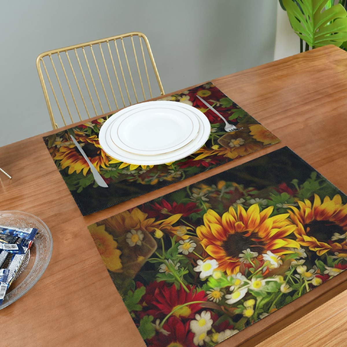 Blueangle Sunflower Placemats Set of 6 - Non-Slip Heat Resistant Table Mats for Dining Table Decor | Perfect for Kitchen, Party, and Home Decor