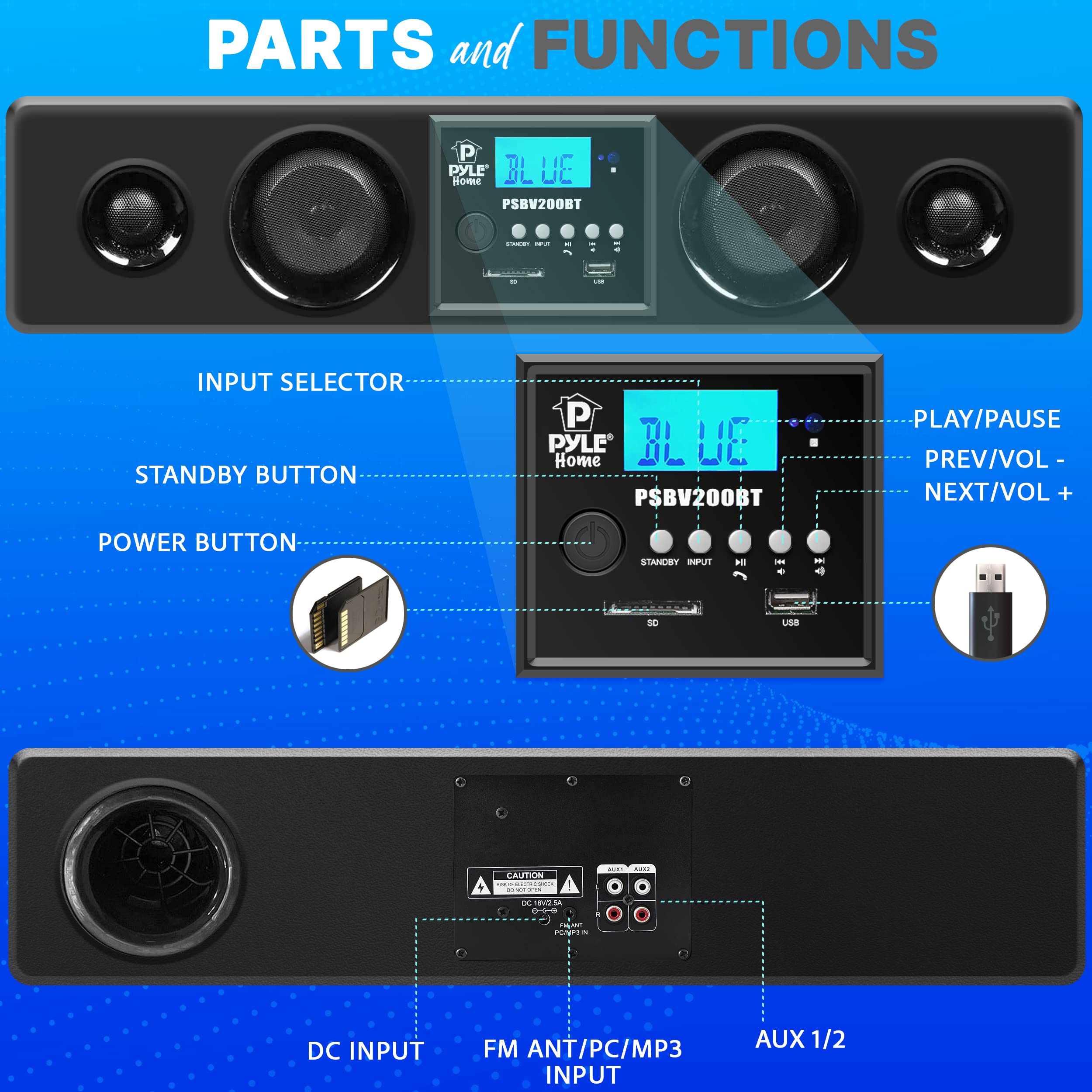 Pyle PSBV200BT 3D Surround Sound Bluetooth Soundbar with Deep Bass - Wireless TV Speaker System with USB, SD, FM Radio & 3.5mm AUX Input, Remote Control - Perfect for Home Theater, Gaming & Movie Nights (Black)