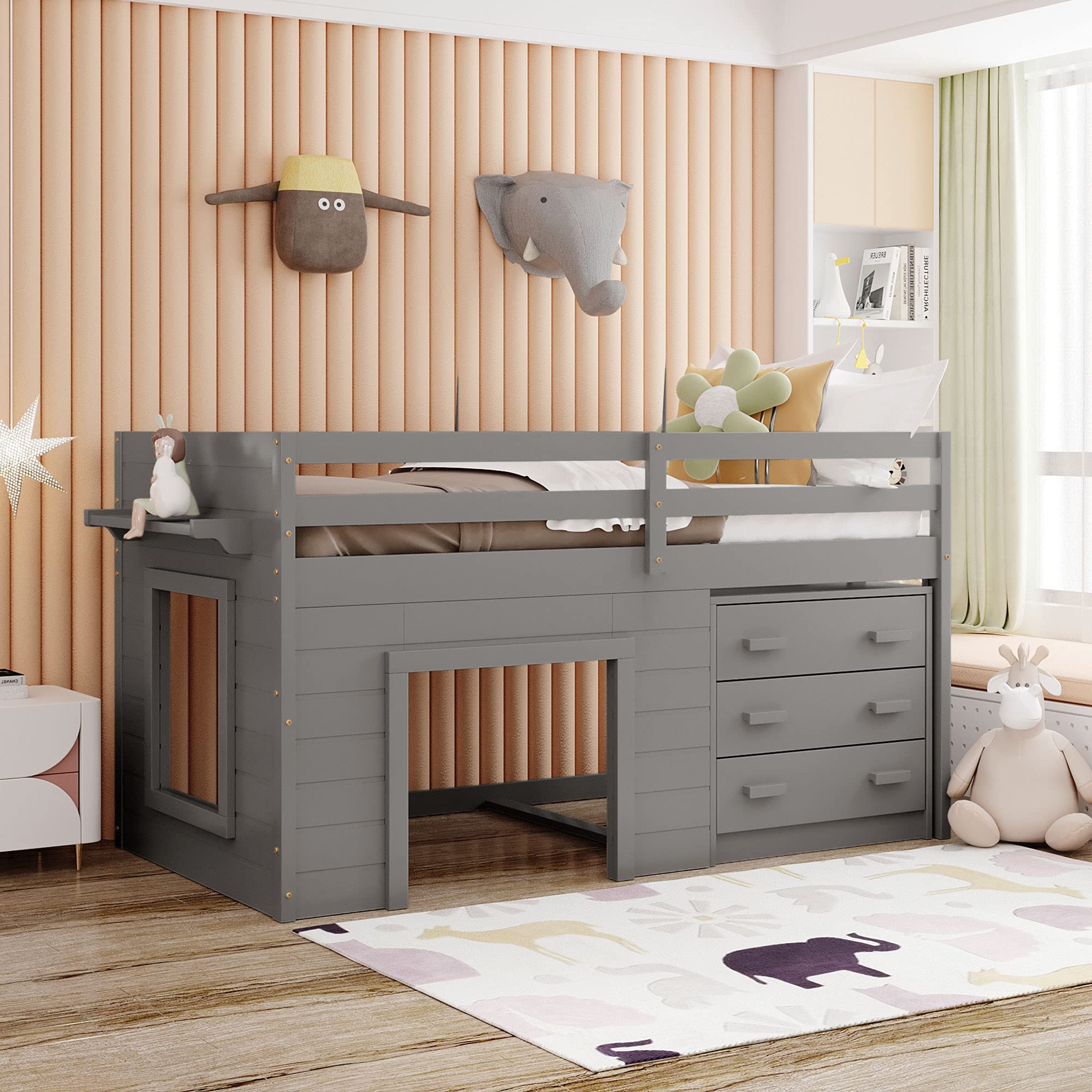 SQX Grey Wooden Twin Size Loft Bed with Cabinet & Shelf - Sturdy Kids Loft Bed Frame, No Box Spring Needed - Perfect for Small Bedrooms, Dorm Rooms & Space-Saving Kids' Furniture