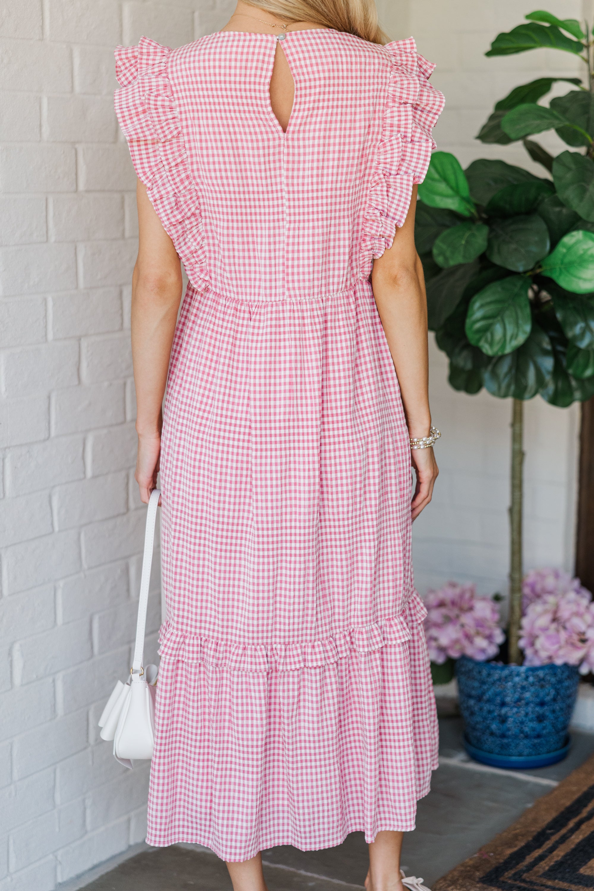 Pink Gingham Midi Dress for Women - Floral Print Summer Dress with Short Sleeves - Perfect for Beach Vacation, Brunch Date & Casual Outings