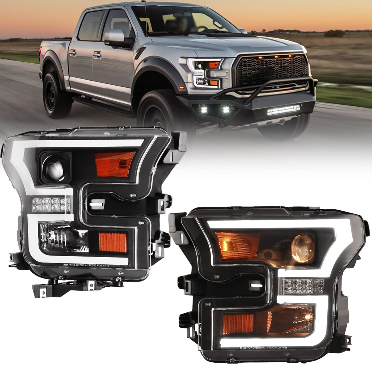 ROXX LED Projector Headlights for 2015-2017 Ford F-150 - High/Low Beam with DRL, Amber Turn Signal & Reflector - Driver & Passenger Side (Black) | Upgrade Your Truck Lighting for Night Driving & Off-Road Adventures