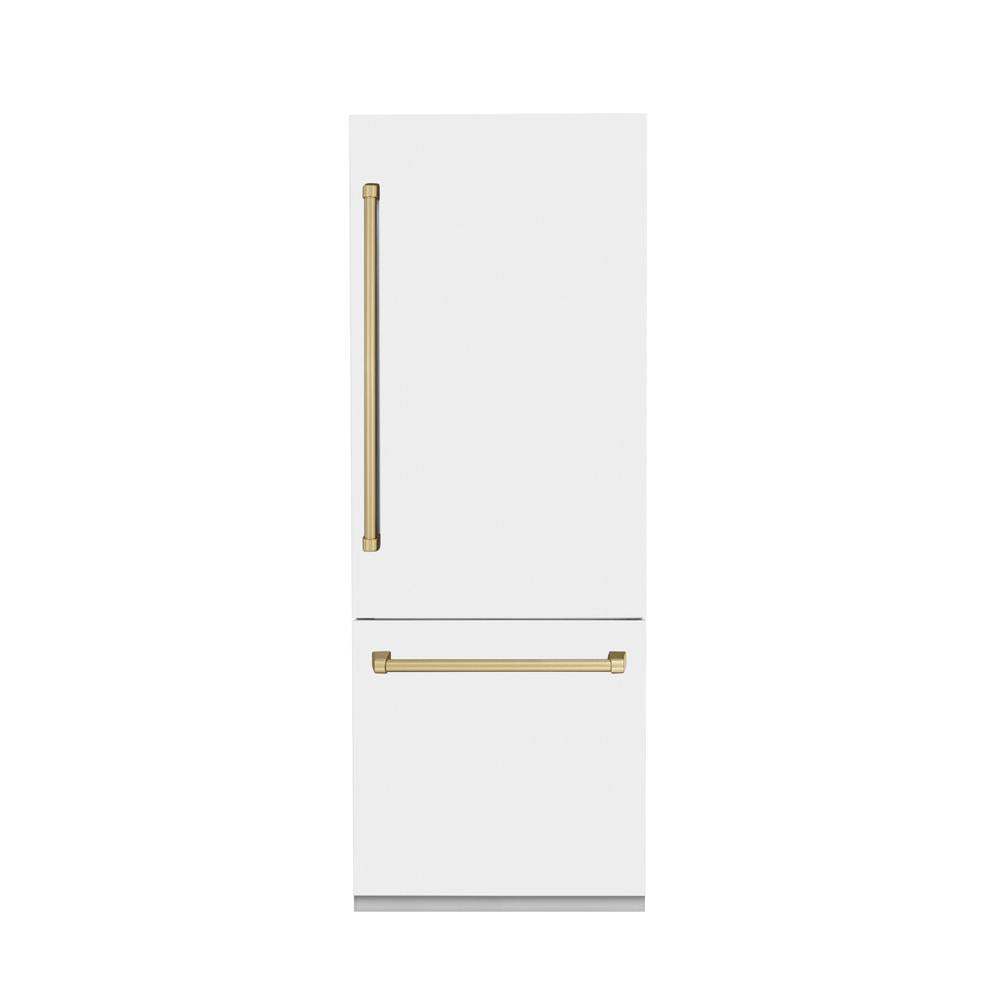 ZLINE Autograph Edition 30 Inch Built-In Bottom Freezer Refrigerator - 16.1 cu ft Capacity, Water Dispenser & Ice Maker - White Matte Finish with Champagne Bronze Accents (RBIVZ WM 30 CB) - Perfect for Modern Kitchens, Open-Concept Homes & Luxury Appliances Collection