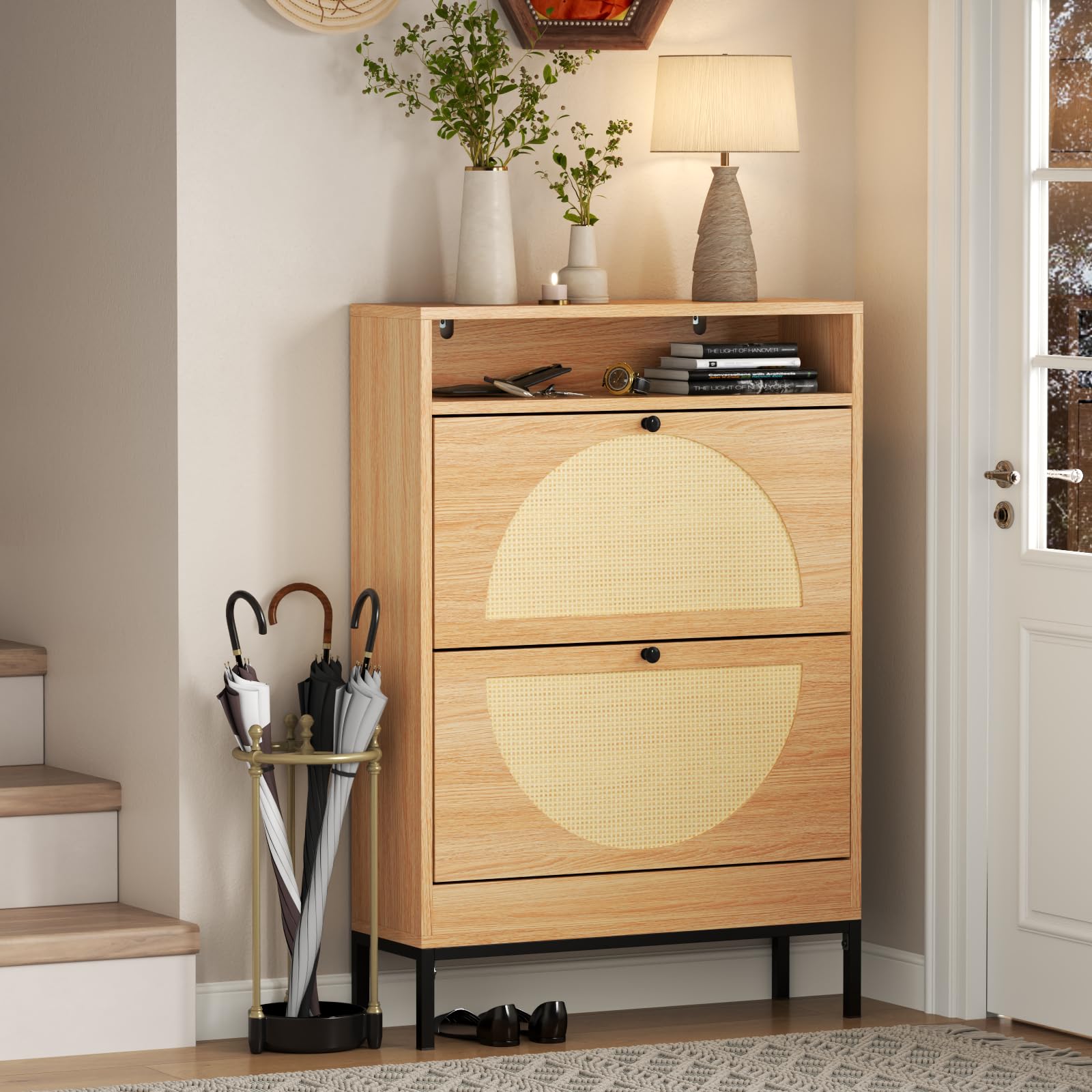 Rattan Shoe Cabinet with 2 Flip Drawers - Slim Shoe Closet Organizer, Hidden Shoe Storage for Entryway, Hallway, Living Room - Perfect for Small Spaces & Apartment Decor