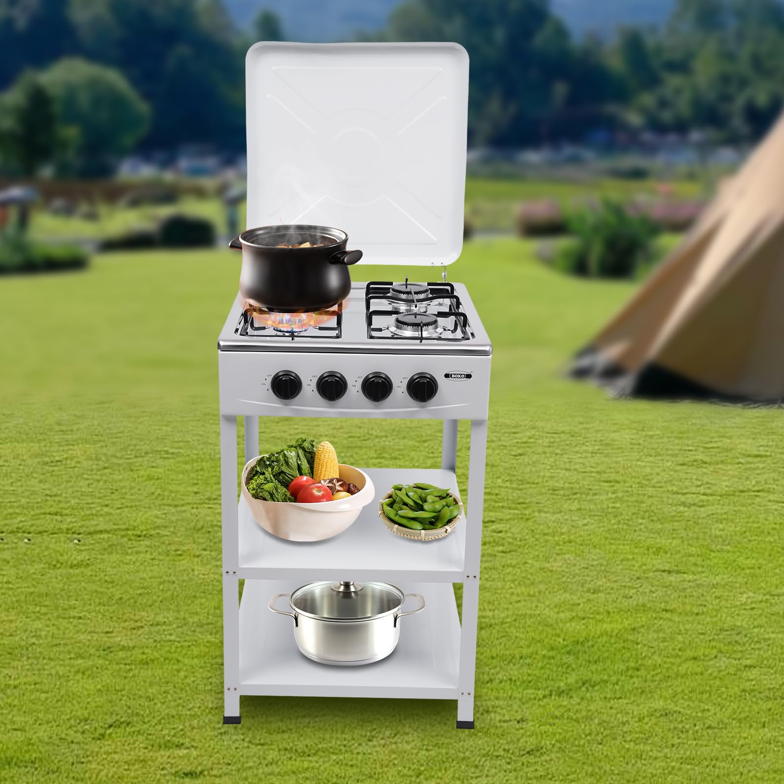 Portable 300,000 BTU 4-Burner Propane Gas Stove for Outdoor Camping, RV, Picnic & BBQ - Includes Windshelter & 2-Tier Storage Rack - White Camping Cooking Set for Backyard, Tailgating & Emergency Preparedness
