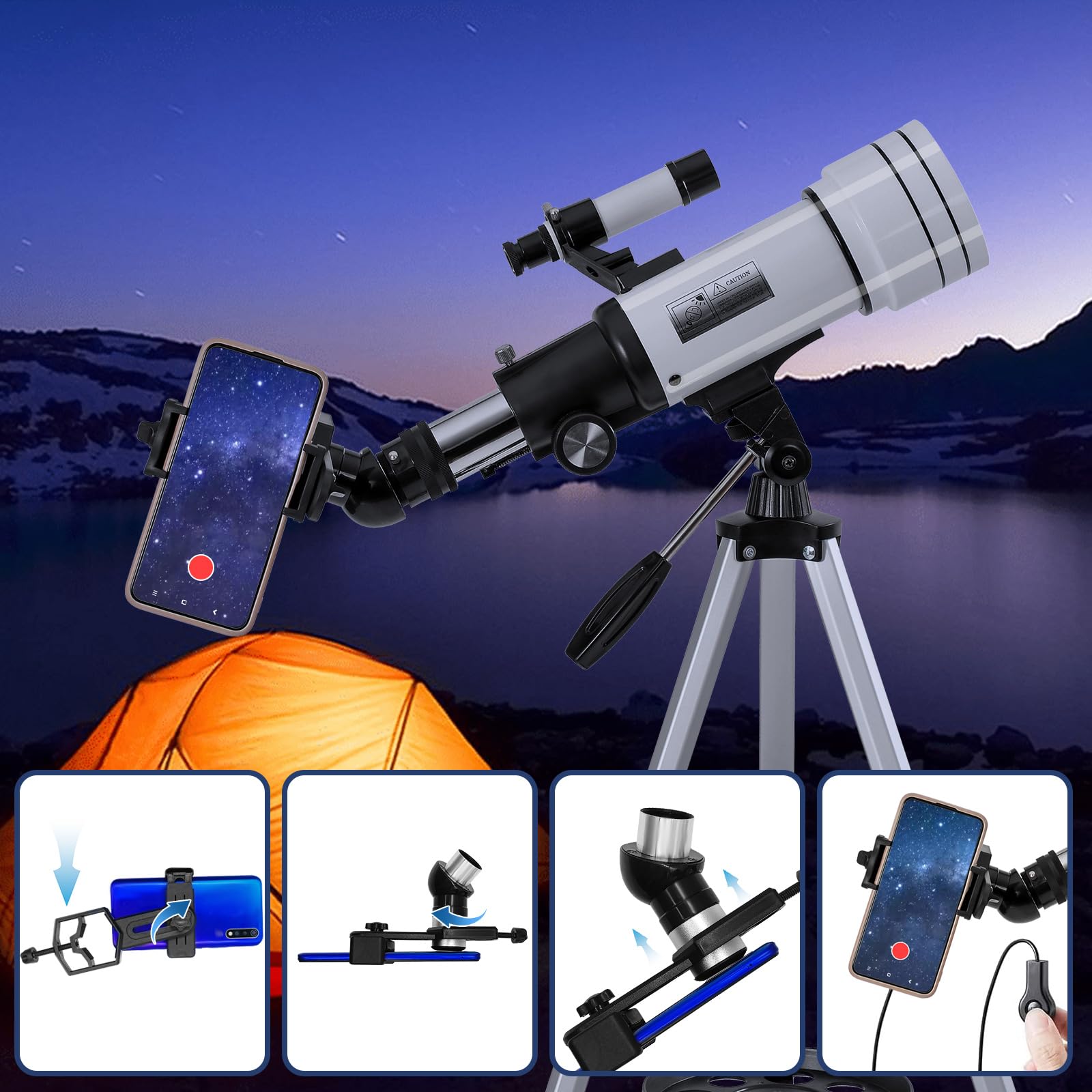 ClaeroruA 70/400mm Astronomical Telescope for Adults & Beginners - Portable Refractor Telescope with Phone Adapter & Tripod - Perfect for Stargazing, Moon Observation & Astronomy Learning