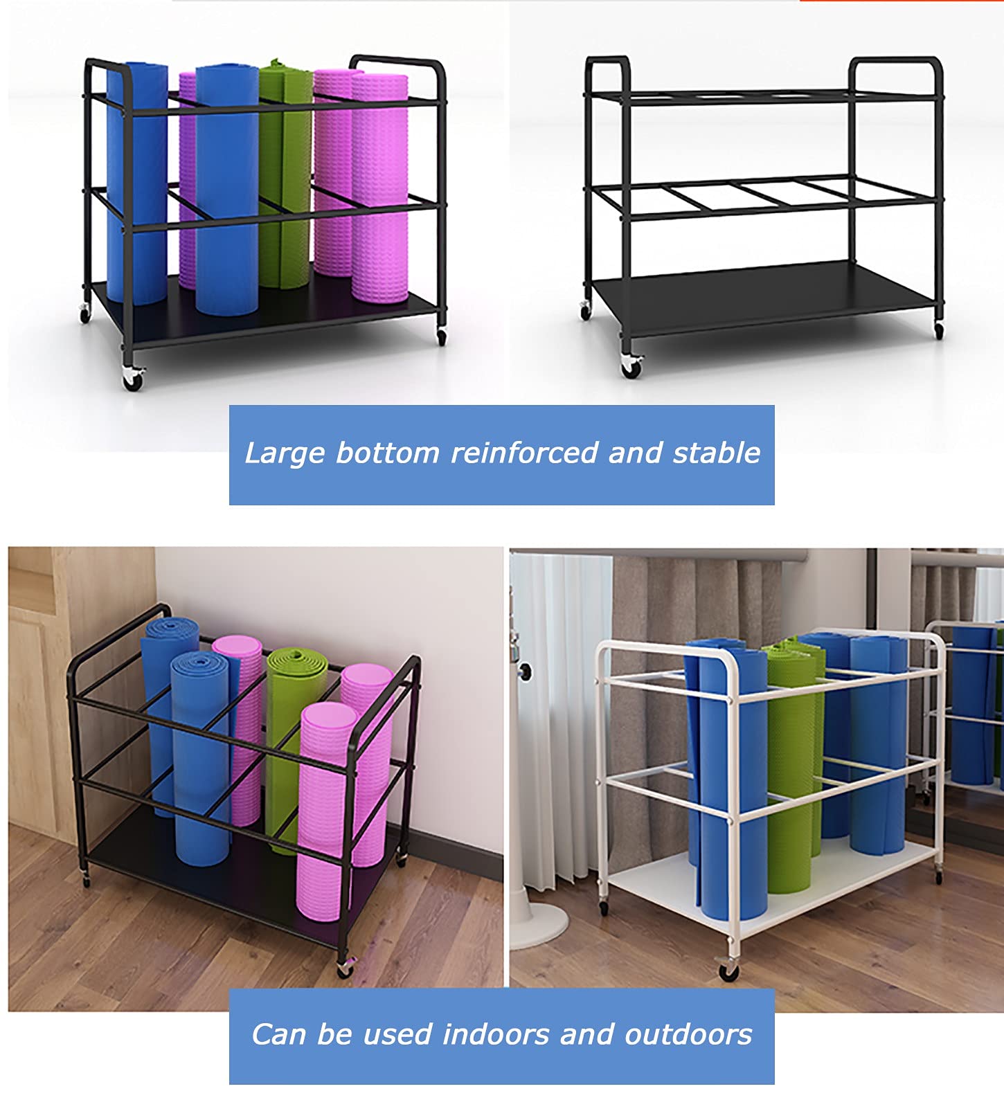 Premium Yoga Mat Storage Cart with Wheels - Space Saving Foam Roller & Mobility Equipment Organizer Rack - Holds 12 Exercise Mats for Yoga Studios & Home Gyms (Black) - Perfect for Studio Organization & Equipment Storage