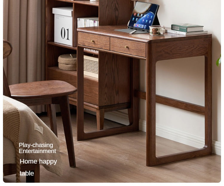 Solid Oak Wood Small Office Desk - Walnut Finish for Home & Workspace - Compact Writing Desk for Study, Dorm, or Apartment