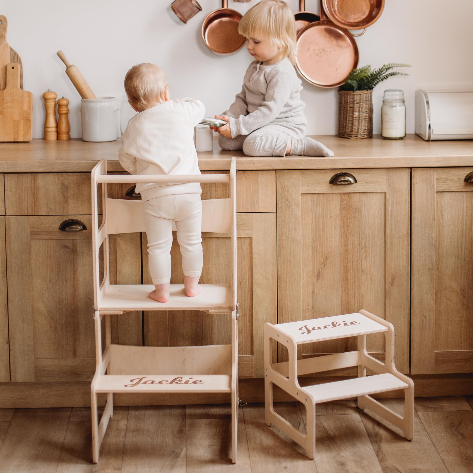 Montessori Kitchen Tower for Toddlers - Natural Wood Toddler Step Stool with Chair & Pillow - Safe Learning Tower for Kids - Perfect for Baking, Cooking & Kitchen Helper Activities