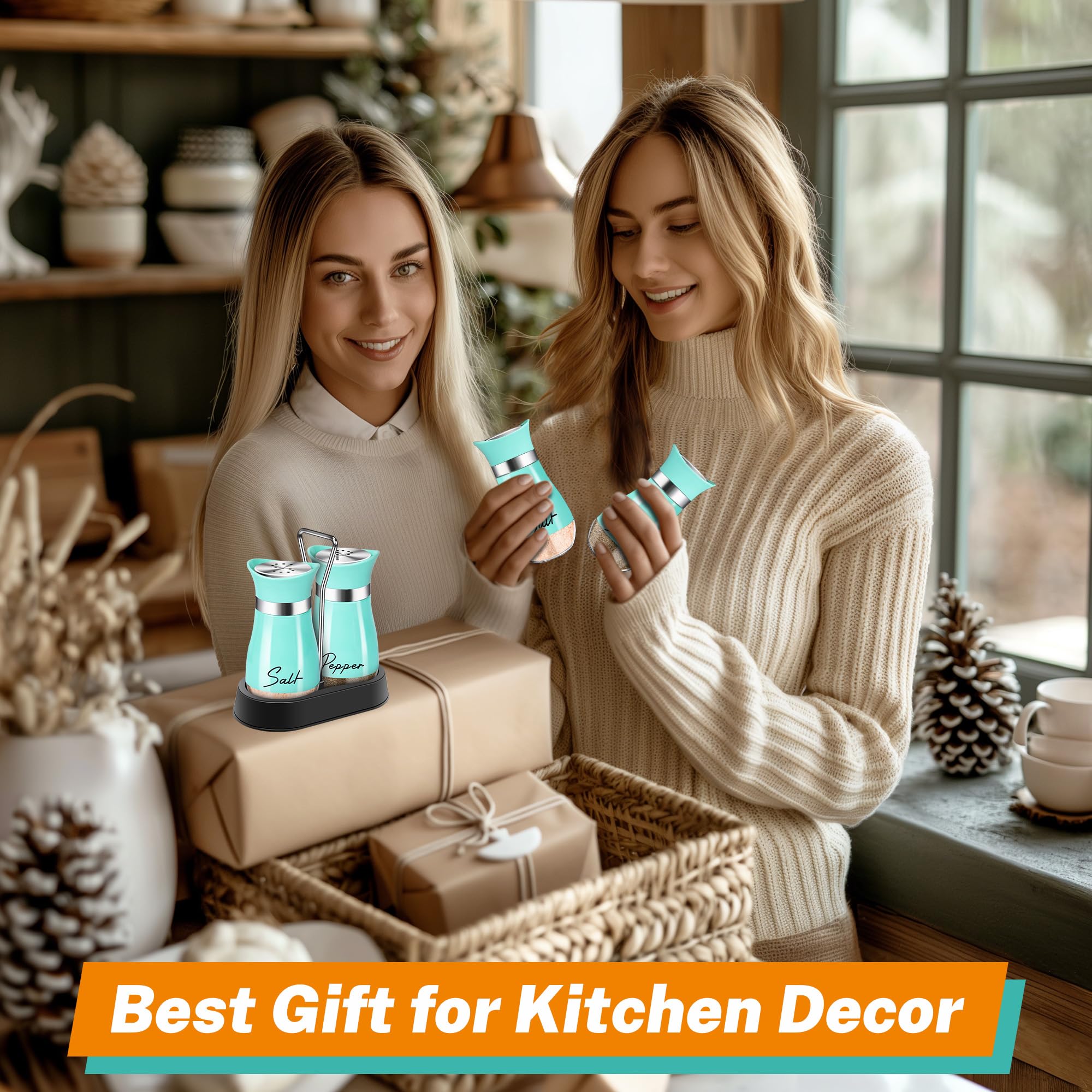 Turquoise Salt and Pepper Shakers Set with Holder - 4 oz Farmhouse Kitchen Decor, Refillable Tabletop Accessories - Perfect for Housewarming Gifts, Christmas Decor & Rustic Dining Table Setting (Teal)