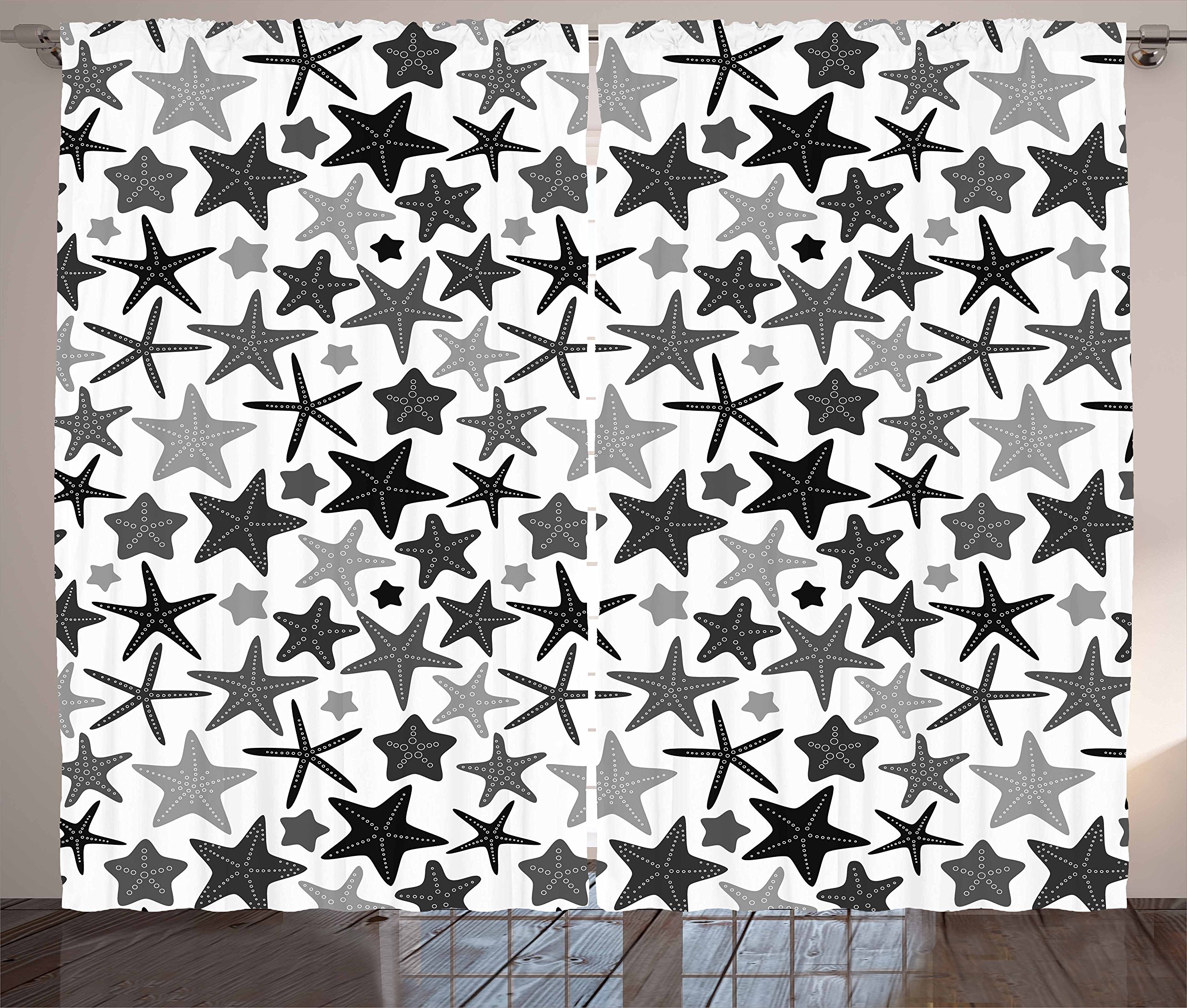 Ambesonne Dark Grey Curtains - Monochromatic Starfish Pattern Ocean Theme Window Drapes for Living Room & Bedroom, 2 Panel Set (108