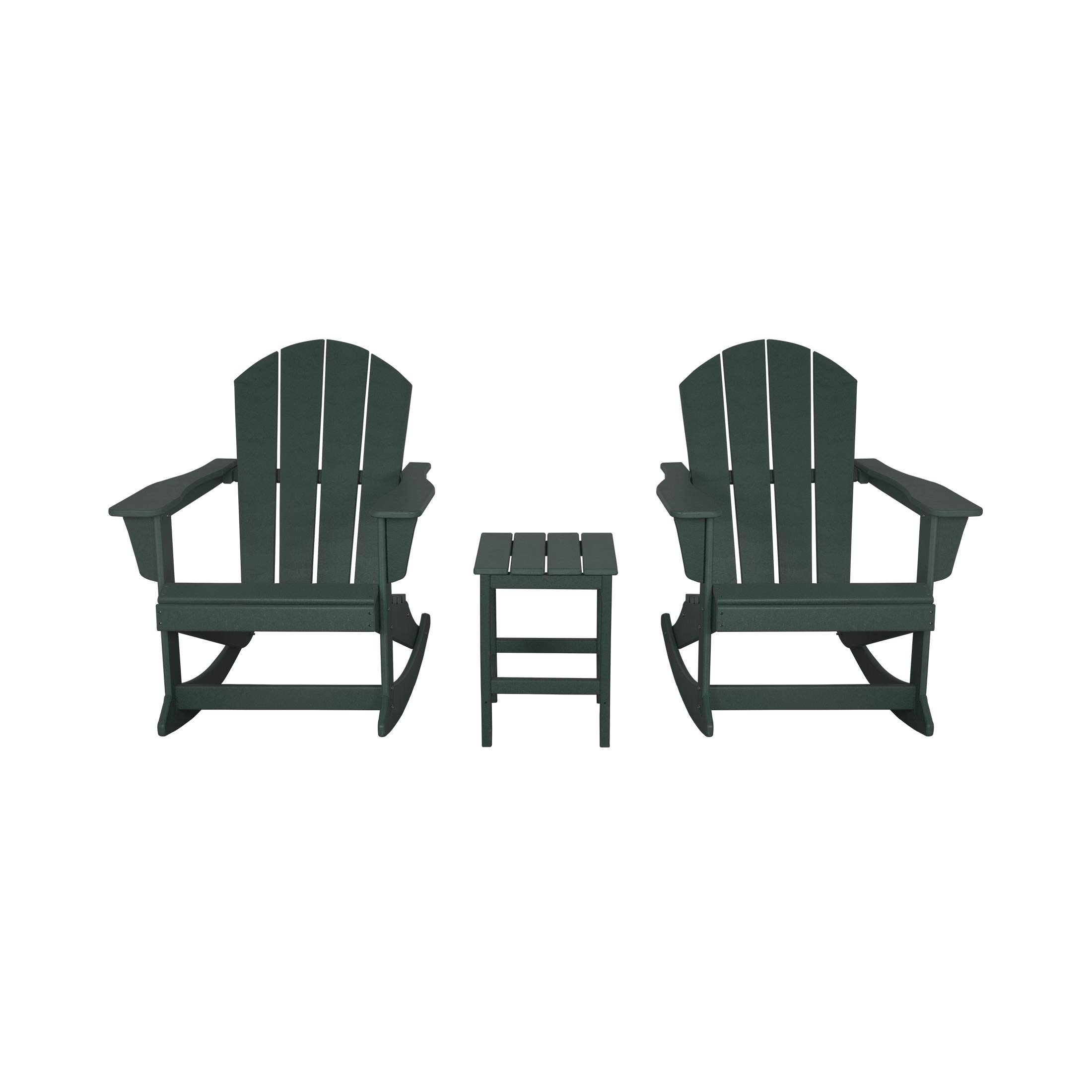 WO Home Furniture 3-Piece Patio Rocking Chair Set - Classic Outdoor Adirondack Rocker Chairs & Table in Dark Green - Perfect for Backyard, Garden, and Porch Relaxation