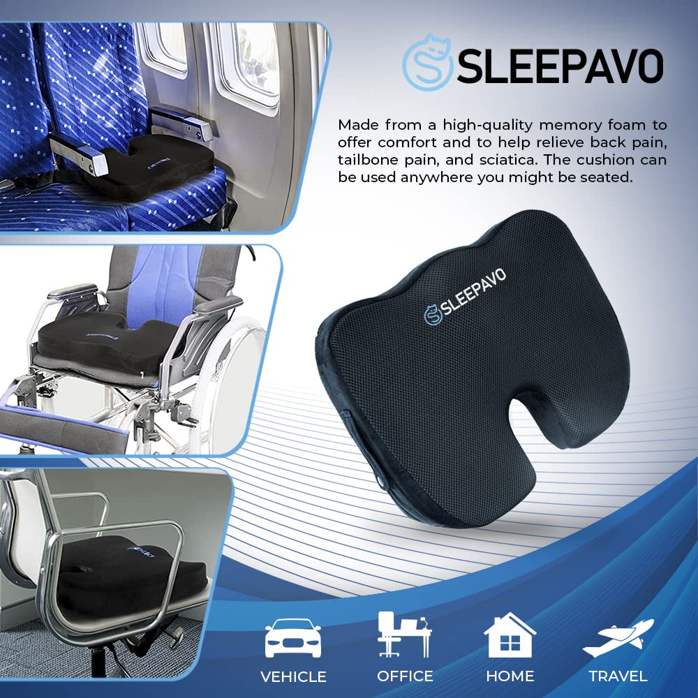 Sleepavo Black Memory Foam Seat Cushion with Cooling Gel - Orthopedic Office Chair Cushion for Sciatica, Coccyx & Lower Back Pain Relief - Ergonomic Lumbar Support for Desk, Car & Wheelchair - Perfect for Work, Driving & Long Sitting Sessions
