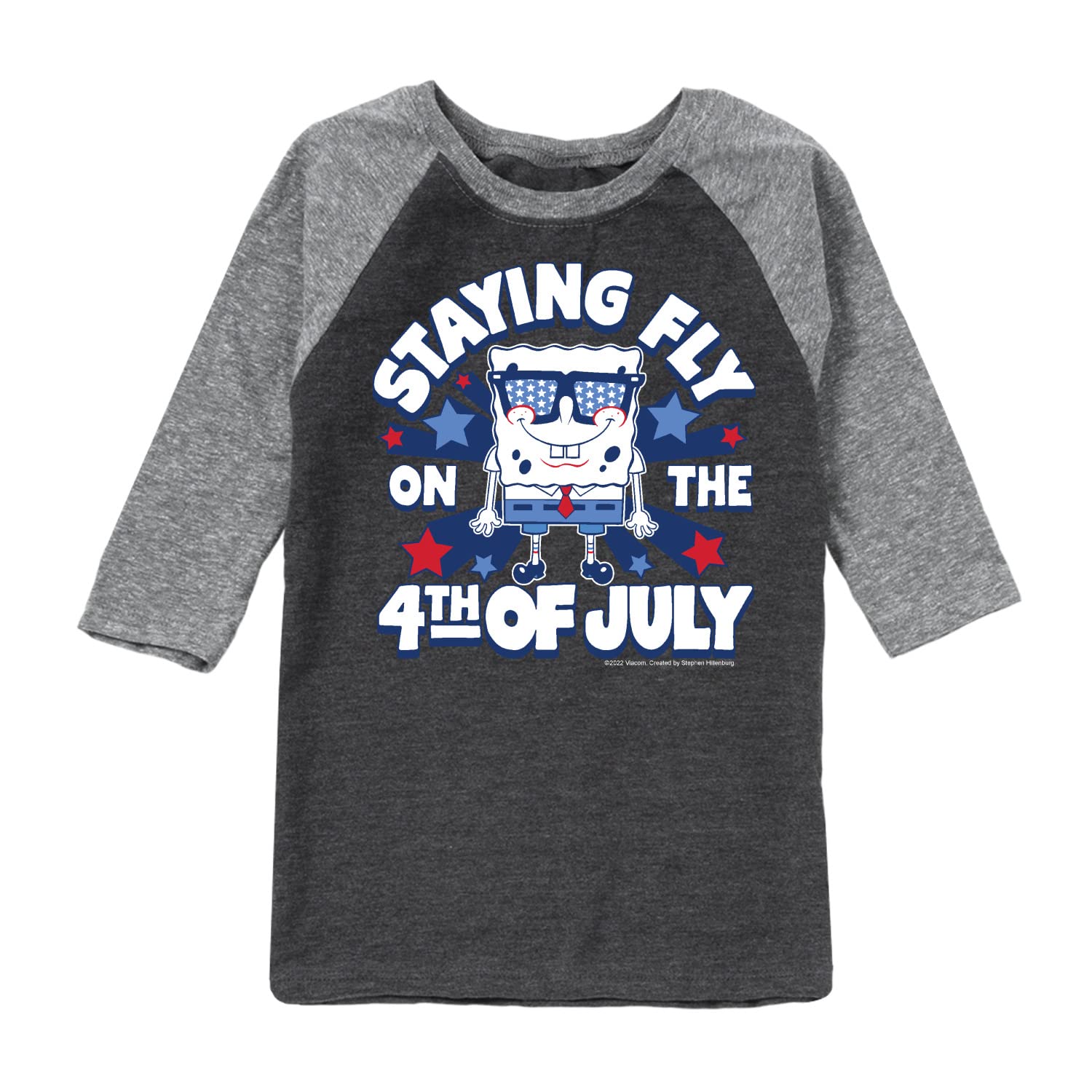 Spongebob Squarepants 4th of July Graphic T-Shirt for Toddlers & Kids - Patriotic Raglan Sleeve Tee - Perfect for Independence Day Celebrations & Summer Outfits