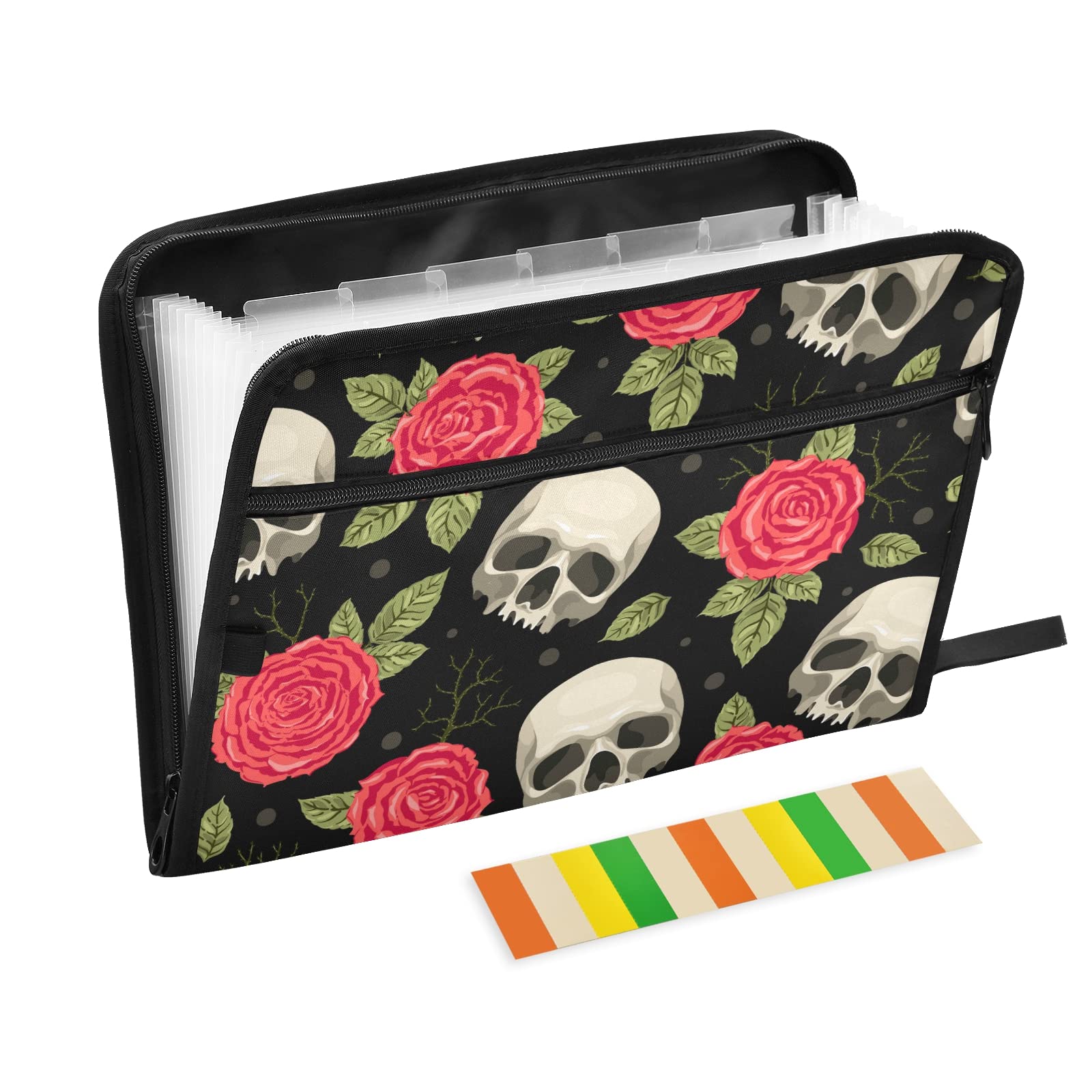 UMIRIKO Skull Gothic Red Rose 13 Pocket Expanding File Folder with Sticky Labels - A4 Letter Size Accordion Organizer for Documents, Receipts & Bills | Perfect for Office, School & Home Organization | Gothic Stationery Gift Idea