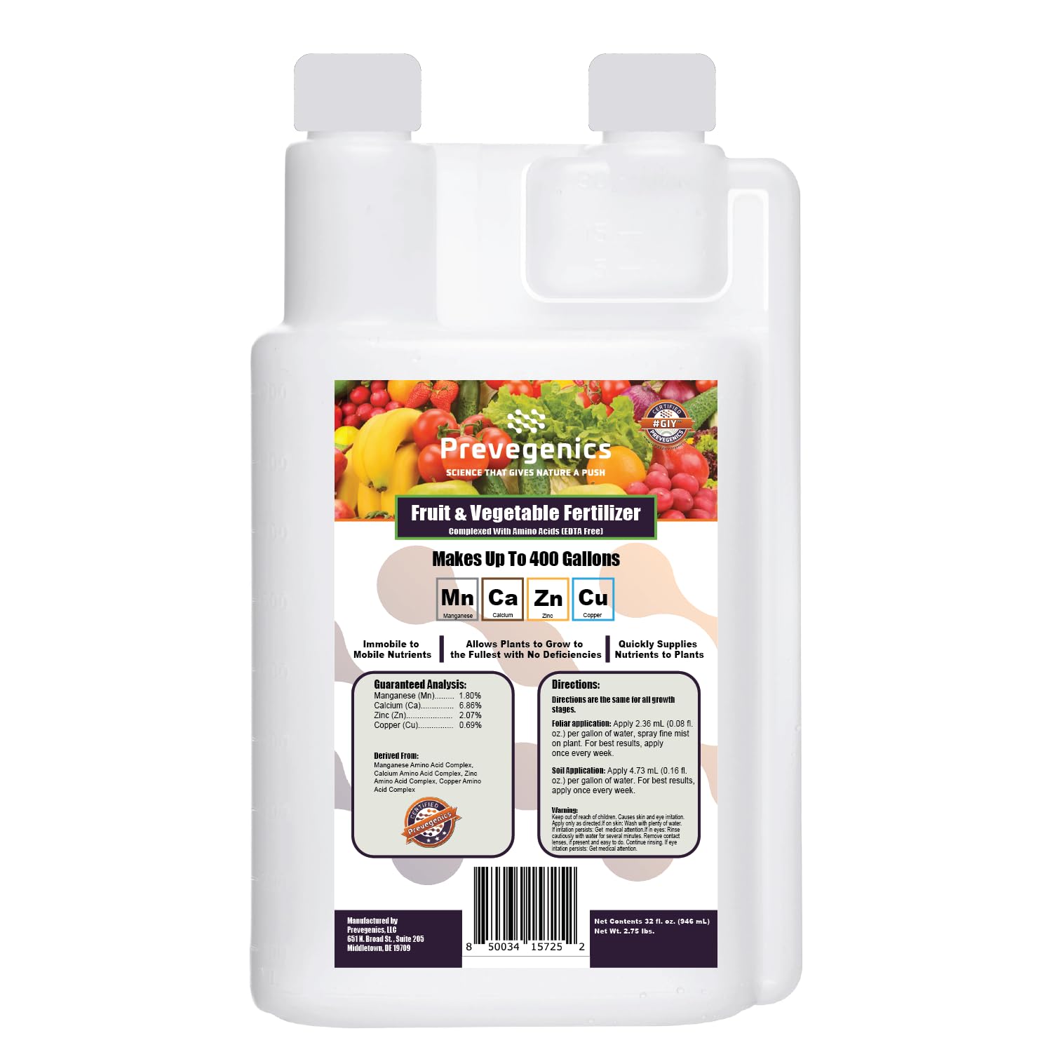 Organic Fruit & Vegetable Fertilizer 32 fl oz - Amino Acid Enriched Plant Food for Home Garden, Makes 400 Gallons - Perfect for Tomatoes, Peppers, Herbs & Indoor Plants