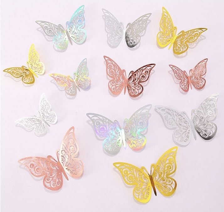 3D Butterfly Wall Decor - 48 Pcs 4 Styles 4 Colors 3 Sizes (Gold, Silver, Laser Rose) - Removable Stickers for Birthday Parties, Baby Showers, Wedding Decorations & Cake Decorating