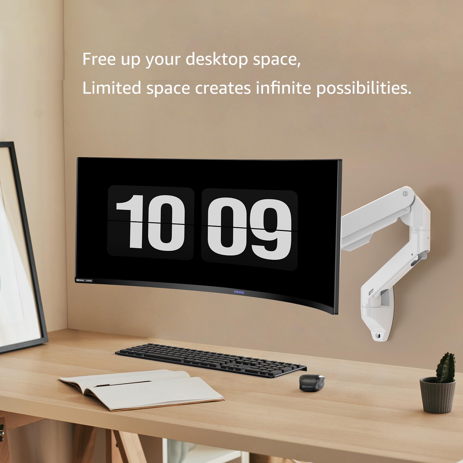 BEWISER Heavy Duty Monitor Arm Wall Mount for 34-57 Inch Ultrawide Monitors up to 44lbs - Adjustable Ergonomic VESA Mount Bracket for Home Office, Gaming & Workstation Setup (White)