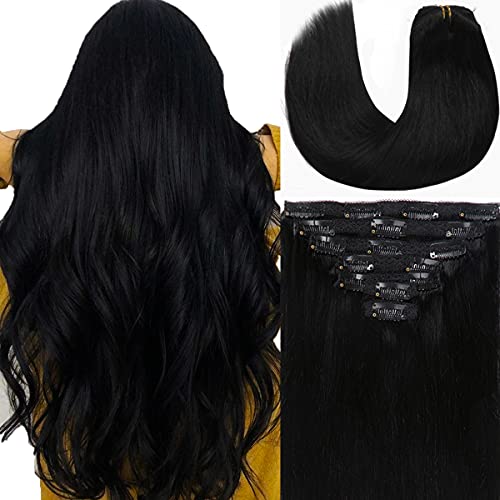 Loxxy 20 Inch Clip-in Hair Extensions - Thickened Double Weft Brazilian Human Hair (Jet Black #1, 140g, 7pcs, 16 Clips) | Silky Straight Remy Hair for Volume & Length | Perfect for Parties, Weddings & Daily Styling