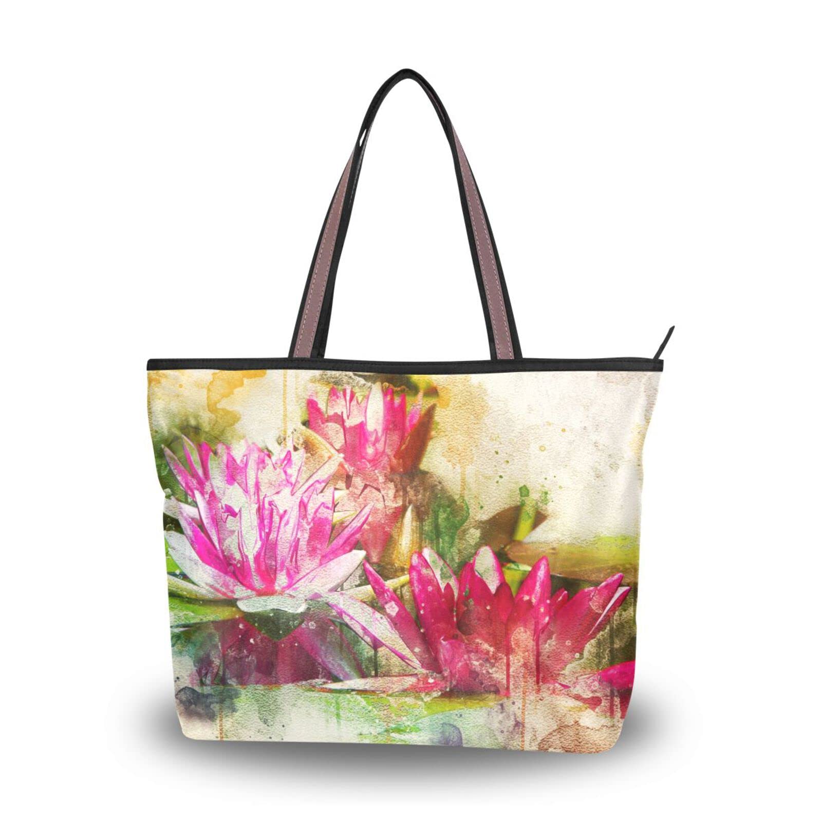 Waterlily Painting Tote Bag - Large Capacity Zippered Women's Grocery Bag Purse with Aesthetic Design (2 Sizes) - Perfect for Shopping, Beach Trips & Daily Commute