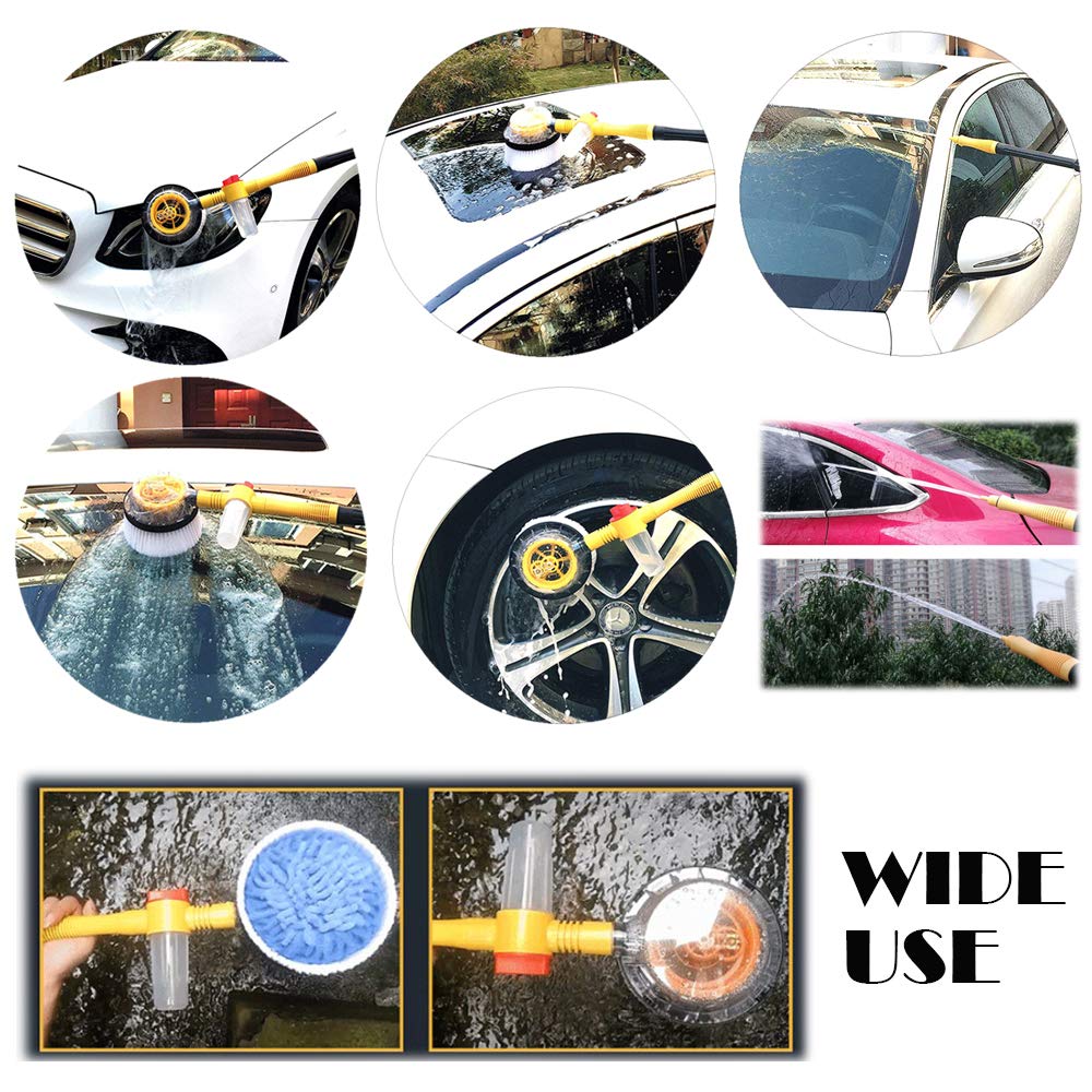 360° Spin Car Wash Brush with Microfiber Head - Detachable & Extendable Scrub Brush for Car Cleaning - Includes Garden Hose Spray Nozzle - Perfect for Car Detailing, Home Cleaning & Outdoor Garden Use