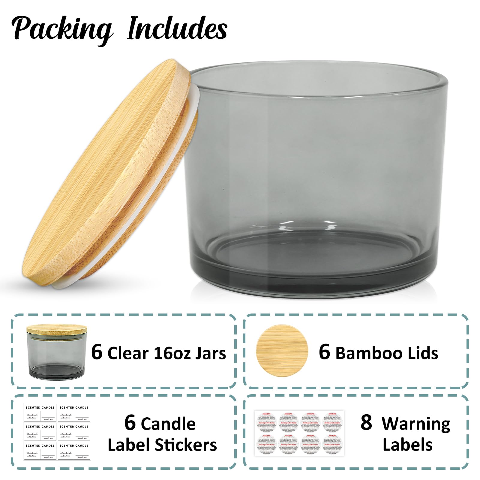 16oz 3 Wick Candle Jars 6 Pack - Large Empty Gray Glass Candle Making Containers with Bamboo Lids, DIY Candle Supplies Kit with Stickers & Labels - Dishwasher Safe - Perfect for Home Decor, Wedding Favors & Gift Packaging