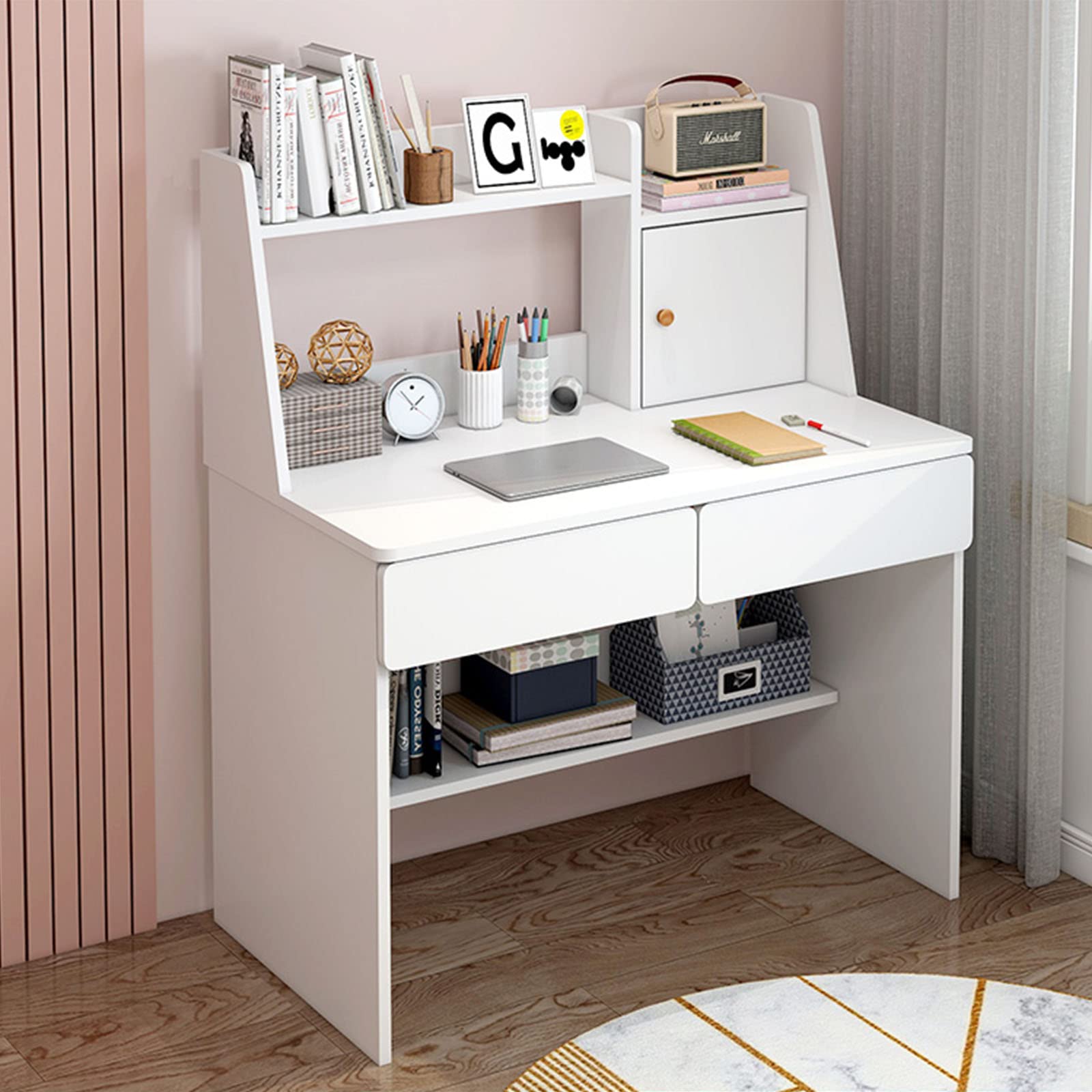 Modern Wooden Study Gaming Desk with Bookshelf & Hutch - 80x48x109cm Home Office Computer Desk with 2 Drawers, Ergonomic PC Laptop Writing Table Workstation for Gaming, Studying & Remote Work (31x19x43inch)