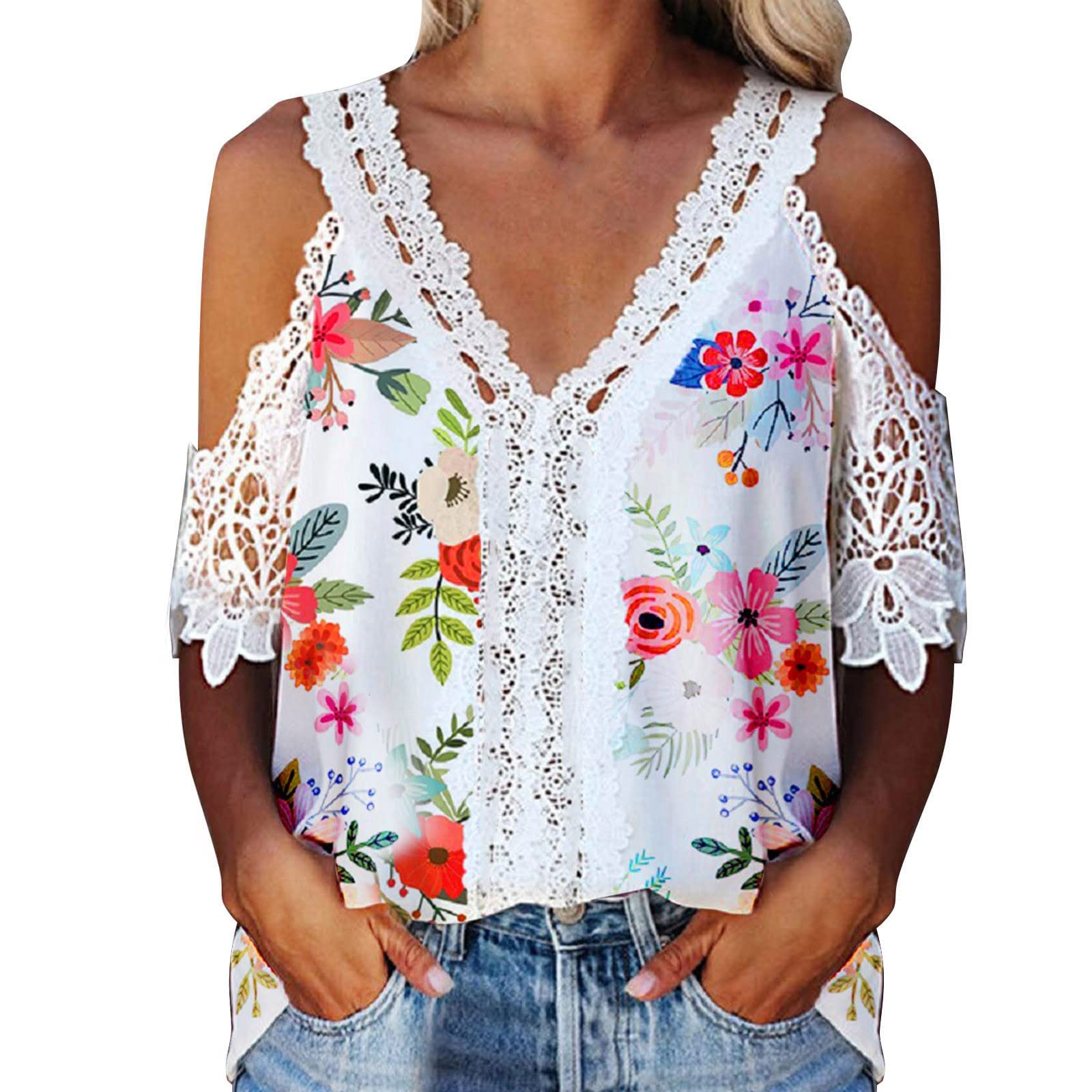 Women's Summer Cold Shoulder Tops - V Neck Lace Graphic Tee with Hollow Out Design, Half Sleeve Loose Blouse | Perfect for Beach Outfits, Casual Wear & Summer Vacations