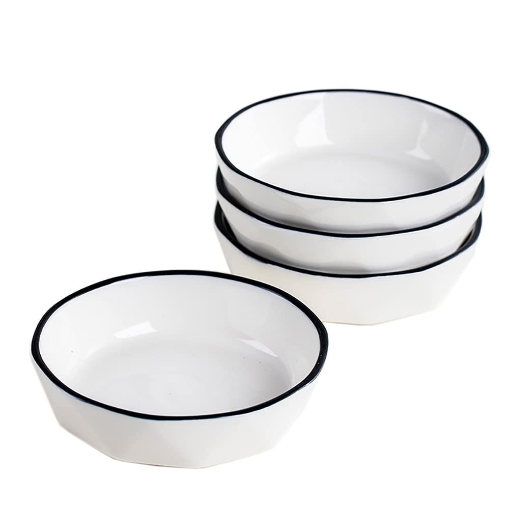 Gaolinci 4-Inch Simple Black Rim White Porcelain Seasoning Dish Set - 4-Piece Dipping Sauce Bowls for Sushi, Snacks & Condiments - Perfect for Restaurants, Home Dining & Party Serving