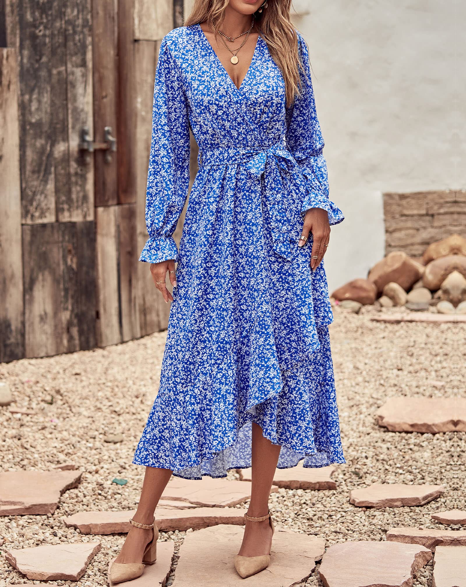 BTFBM Women's Long Sleeve Floral Dress - V Neck High Waist Ruffle Boho Maxi Dress for Spring Summer 2025 | Wedding Guest Dress, Garden Party, Date Night & Special Occasions