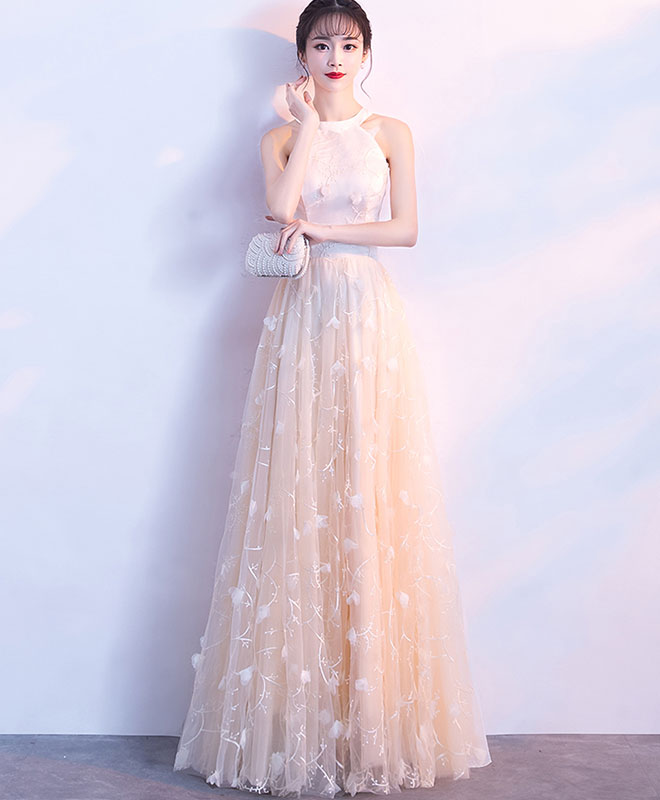 Elegant Champagne Lace Tulle Long Prom Dress for Women - Formal Evening Gown for Homecoming, Ball, Wedding & Special Occasions