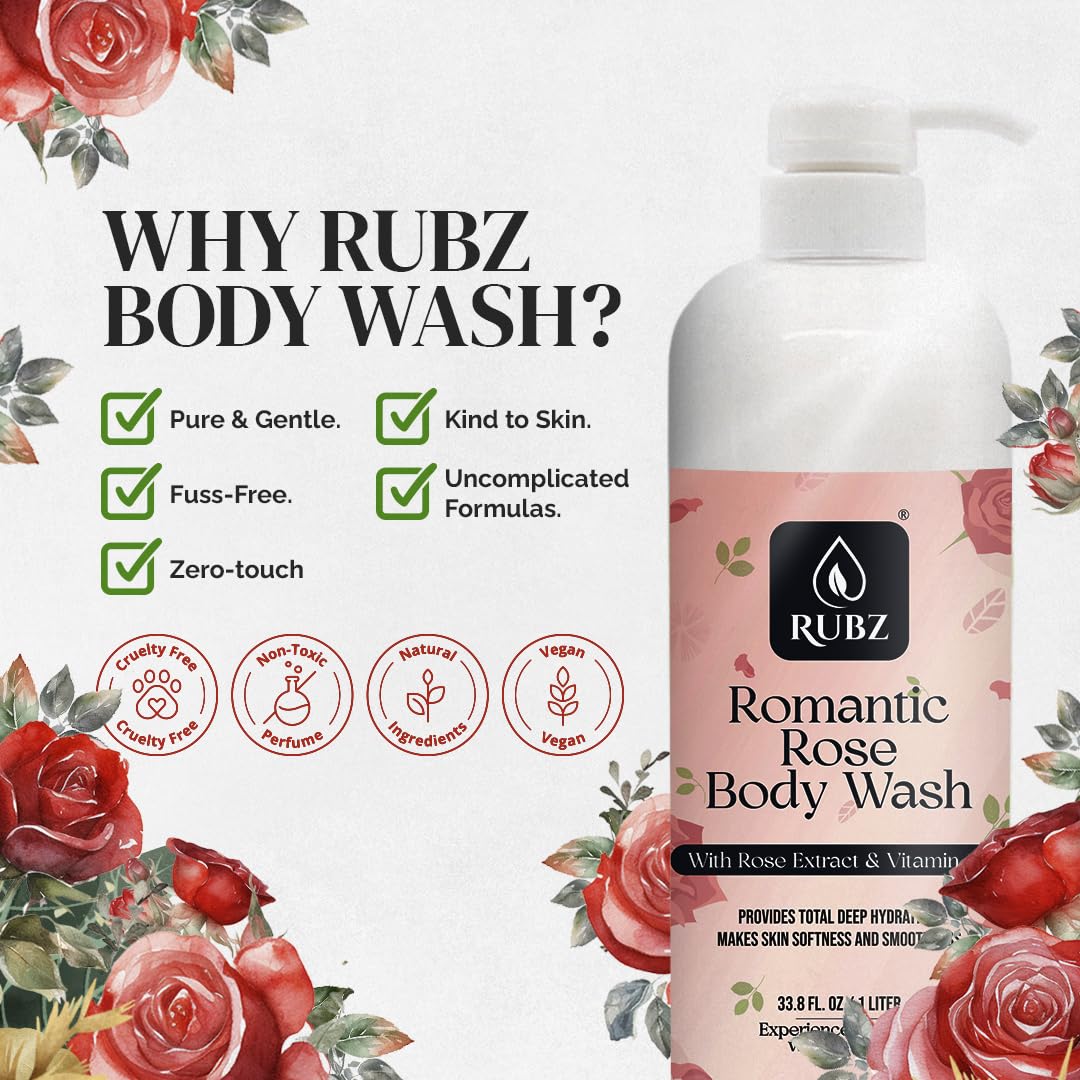 Rubz Romantic Rose Body Wash - Glycerin Enriched, Long-Lasting Fragrance | Soap-Free, Paraben-Free & SLS-Free Shower Gel for Women & Men (1L) | Perfect for Sensitive Skin & Daily Hydration