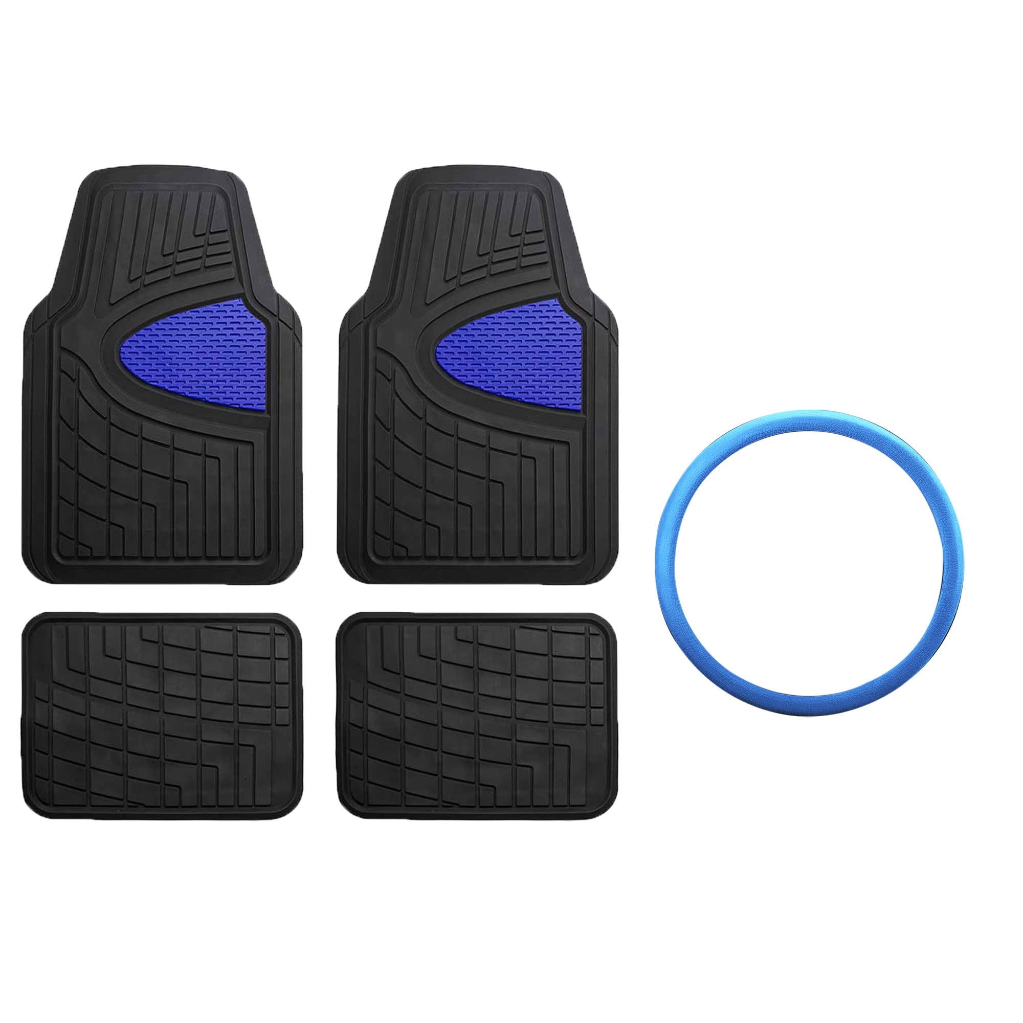 Premium FH GROUP Car Seat Covers & Tall Channel Rubber Floor Mats Set with Snake Pattern Silicone Steering Wheel Cover - Universal Fit for Trucks, SUVs, Vans (Blue/Black) F11311 - Perfect for Off-Road Adventures, Daily Commutes & Vehicle Protection
