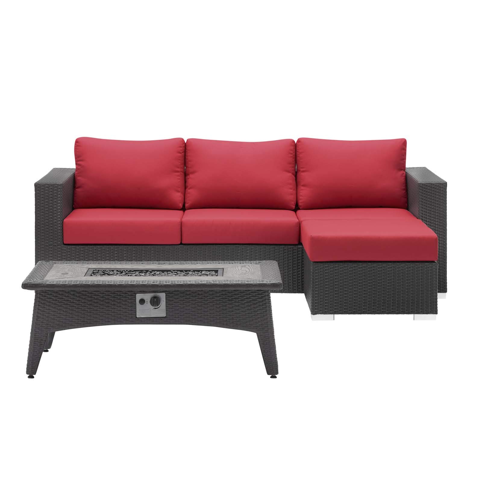 Modern Outdoor Patio Lounge Sofa Set with Fire Pit Table - Red Fabric Rattan Wicker Furniture for Backyard, Garden, and Poolside Relaxation