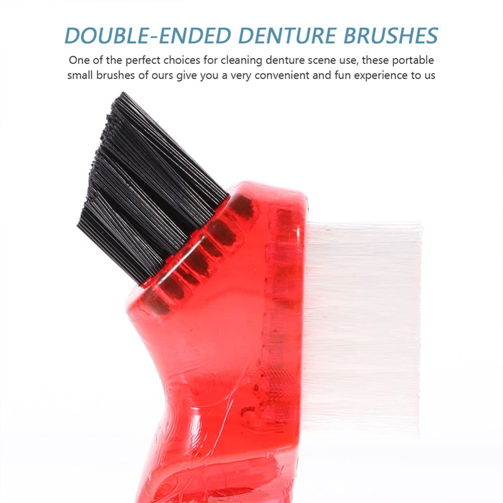GLEAVI 3-Pack Dual Head Denture Toothbrush - Hard Bristles for Deep Cleaning - Portable False Teeth Cleaner (Orange, Red, Green) | Perfect for Travel, Home & Daily Denture Care