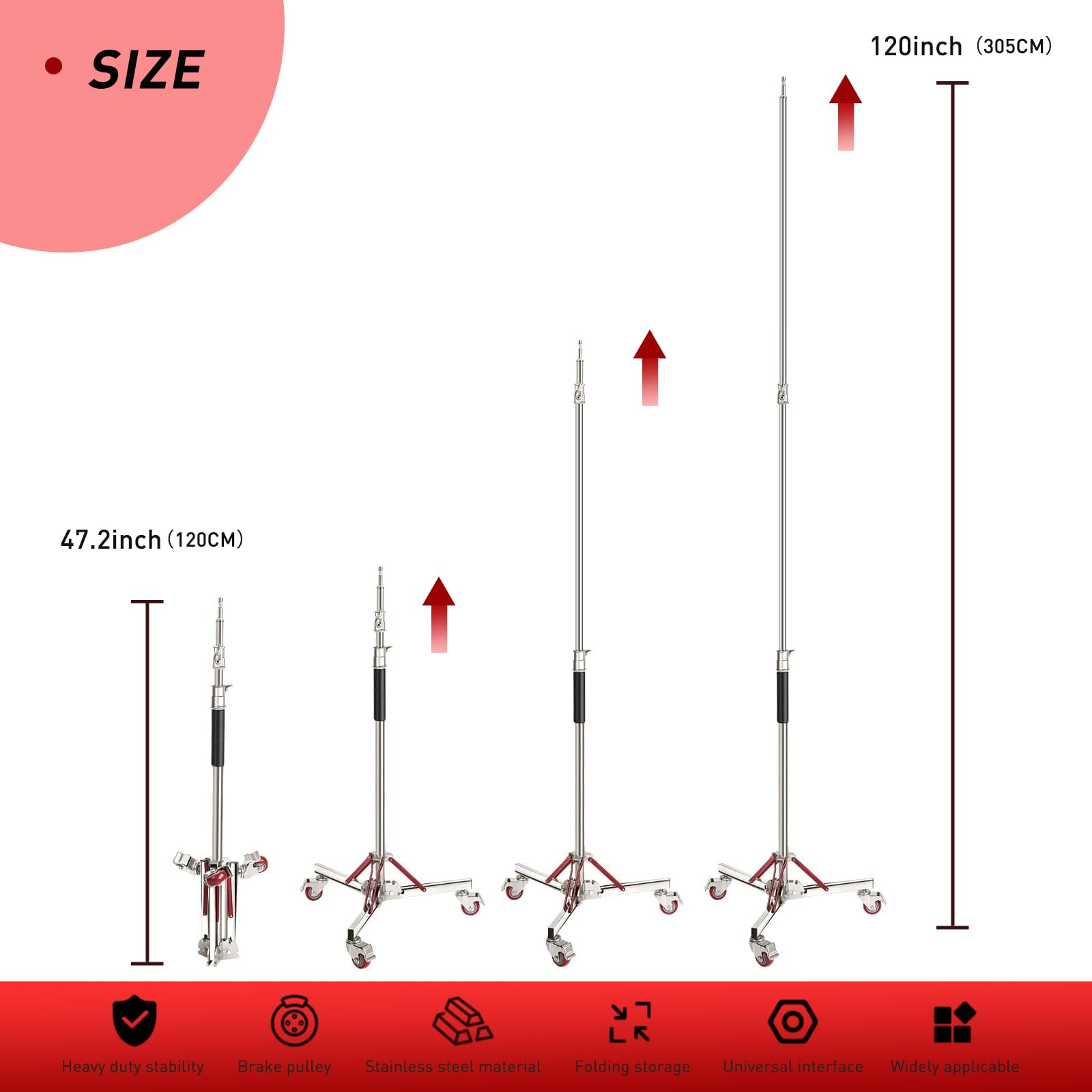 Heavy Duty Adjustable Light Stand with Wheels - 10ft/305cm Stainless Steel Tripod Stand for Studio Photography, Softbox, Monolight & Reflector | Perfect for Home Studios, Professional Photo Shoots & Video Production