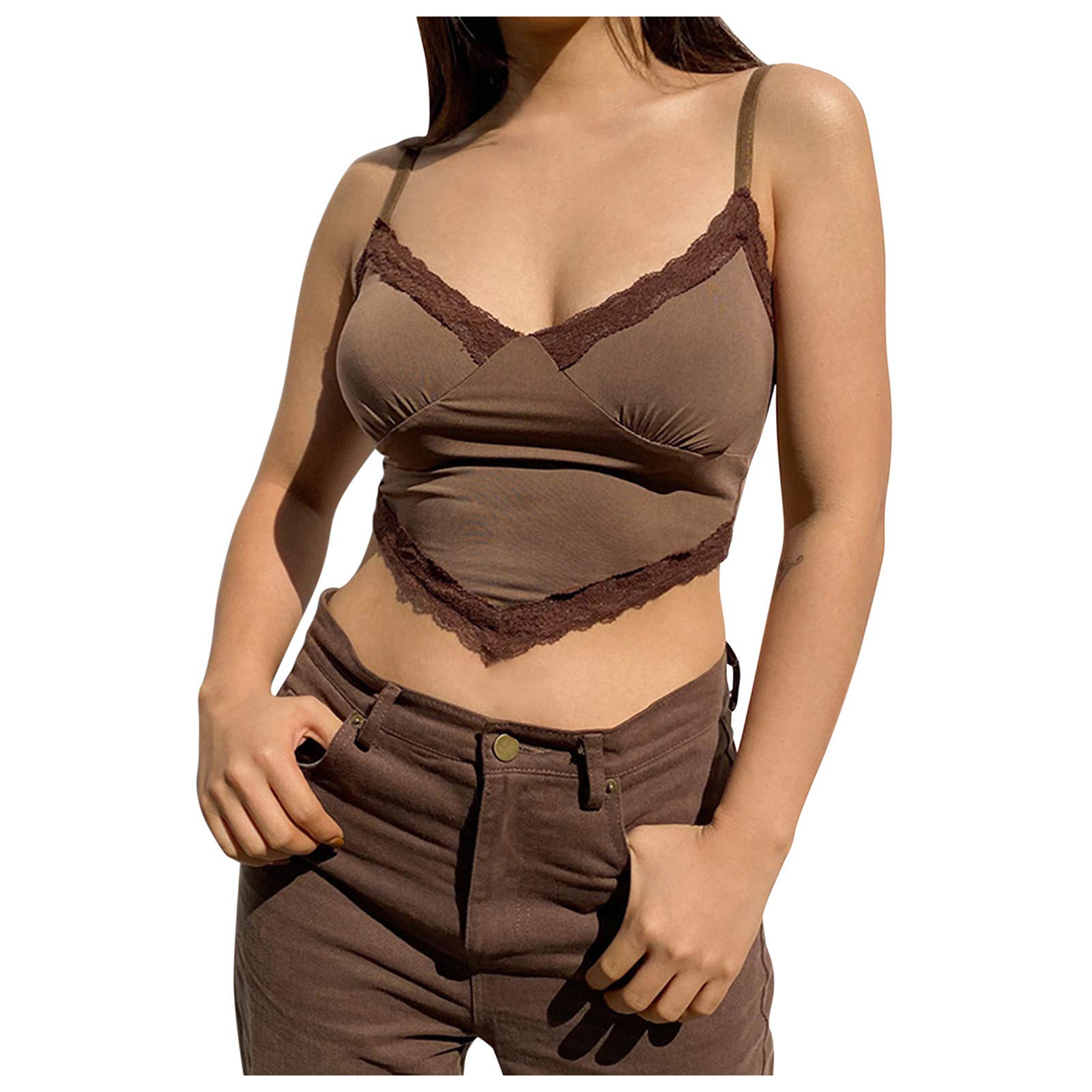 Sexy Lace Trim Slim Camisole Top for Women - V-Neck Sleeveless Stretchy Summer Tank Top - Perfect for Date Night, Beach Cover Up & Casual Outfits