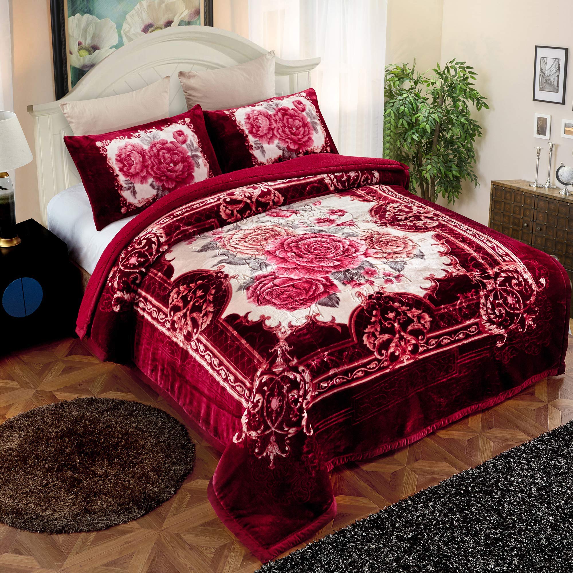 JML Sherpa Flannel Blanket - 3-Ply Fleece Blanket Set with 2 Pillow Shams | Ultra Soft & Warm Korean Style Printed Embossed Bed Blanket in Burgundy | Perfect for Cozy Nights, Living Room Lounging & Winter Bedding