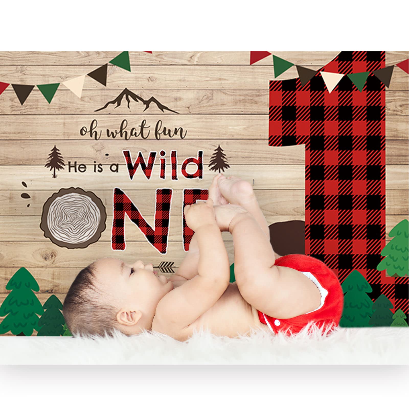 Allenjoy 7x5ft Lumberjack Wild One Backdrop - Red Black Buffalo Plaid Party Decor for 1st Birthday, Baby Shower & Kids Celebration | Perfect for Cake Smash Photoshoot, Woodland Theme Party & Prince-Themed Decorations