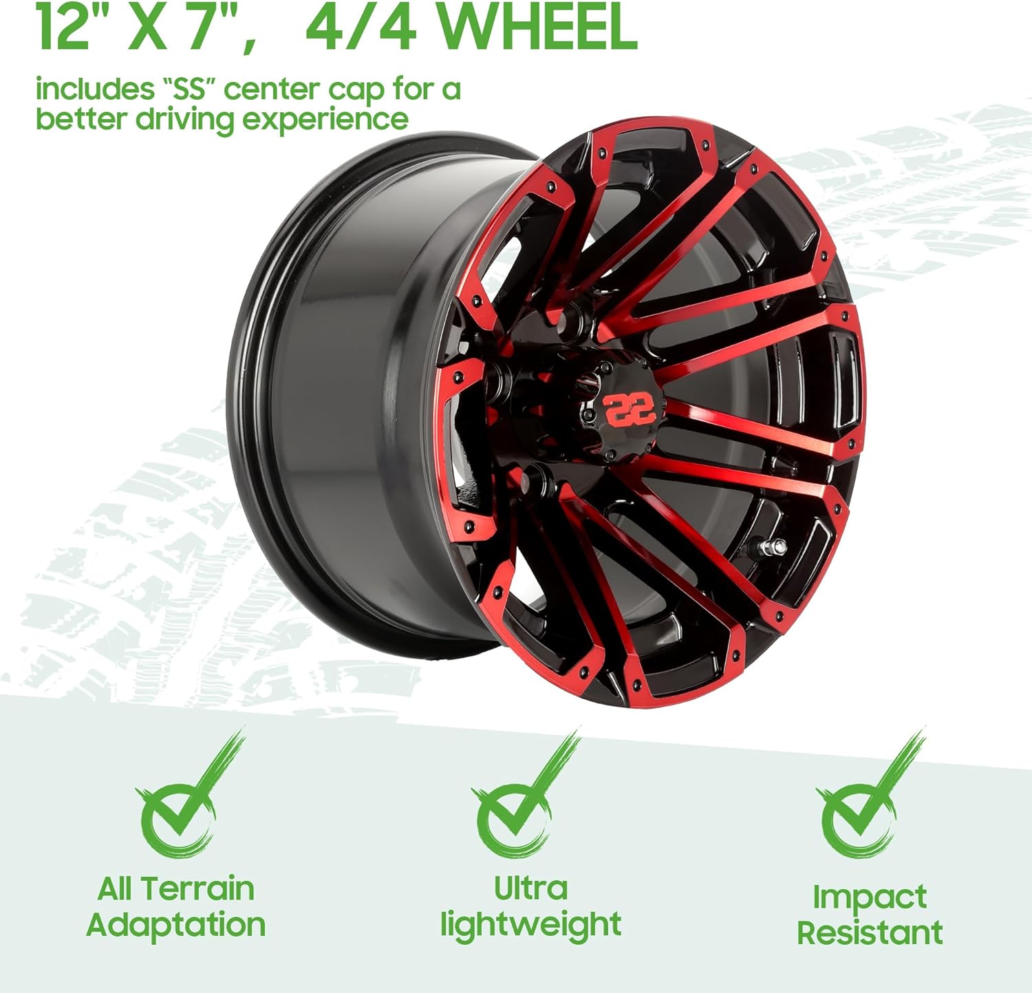 12 Inch Golf Cart Tires and Rims (4 Pack) with Stainless Steel Center Caps | Durable Powder Coated Aluminum Wheels for Golf Carts, Utility Vehicles & Neighborhood Electric Vehicles (NEVs) | Perfect for Golf Courses, Campuses & Residential Areas