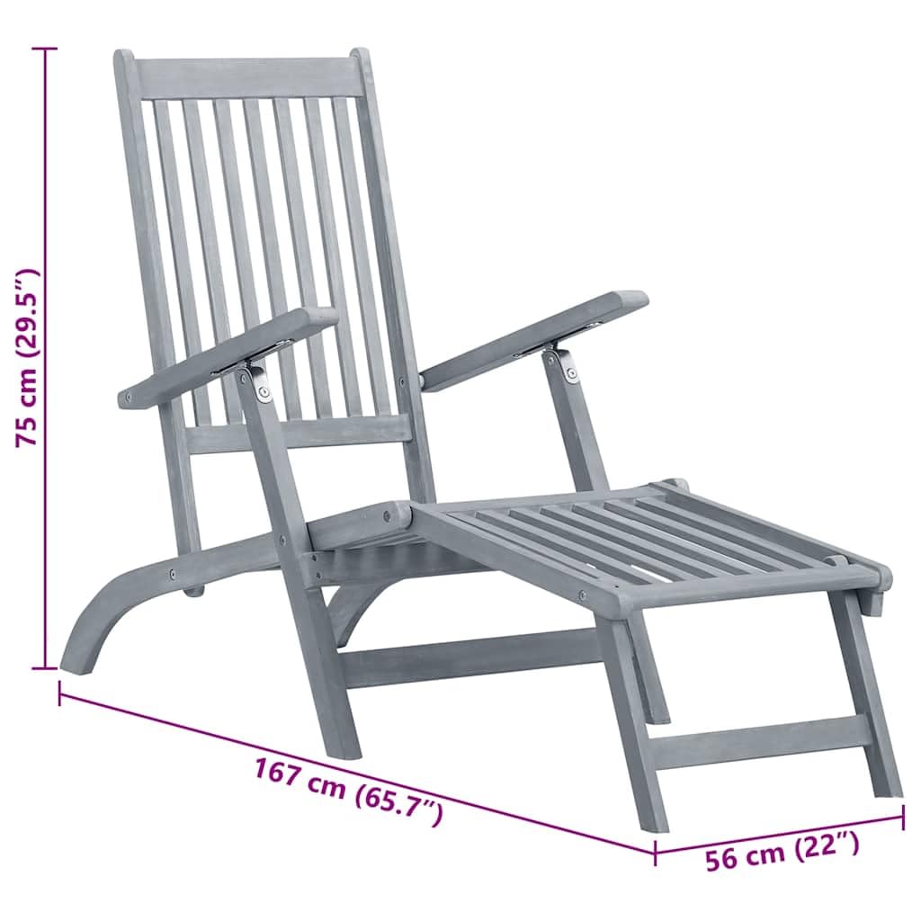 vidaXL Gray and Cream Patio Deck Chair with Cushion & Footrest – Solid Acacia Wood – Weatherproof Outdoor/Indoor Recliner Lounger Bench – Perfect for Poolside, Garden, Patio & Balcony Relaxation
